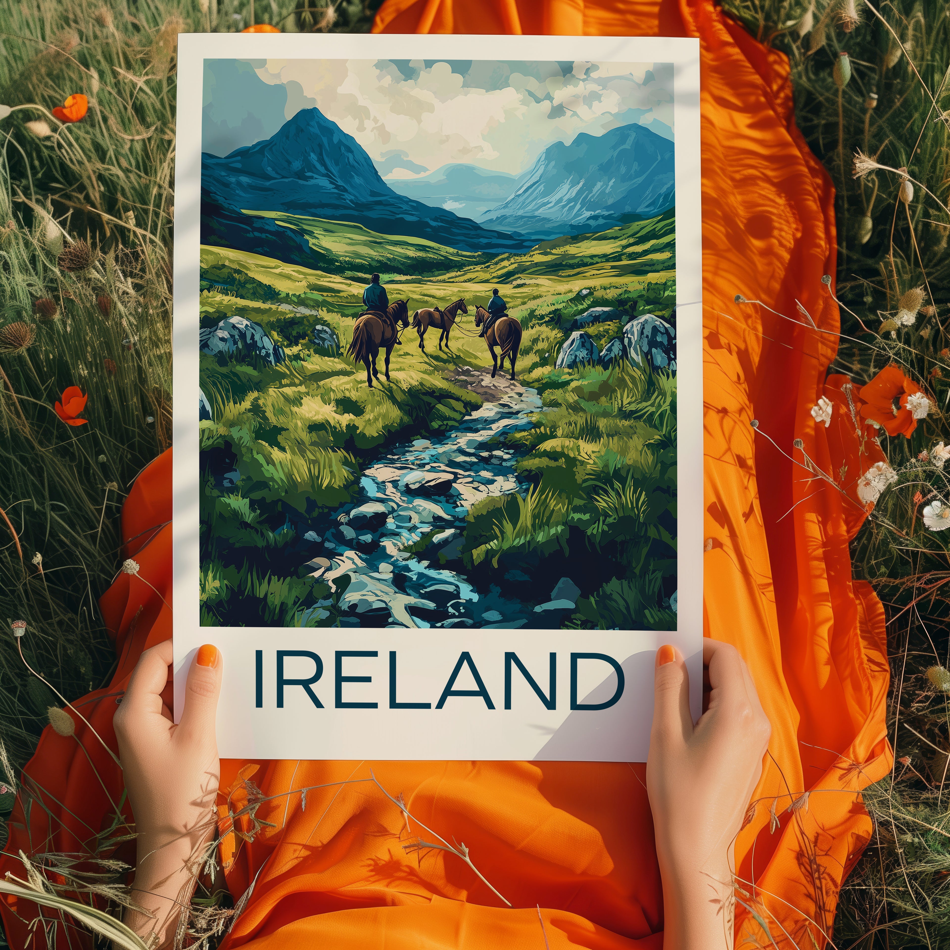 Ireland Landscape Poster – Irish Highlands Horse Riders, Green Valley & Mountain Art Print