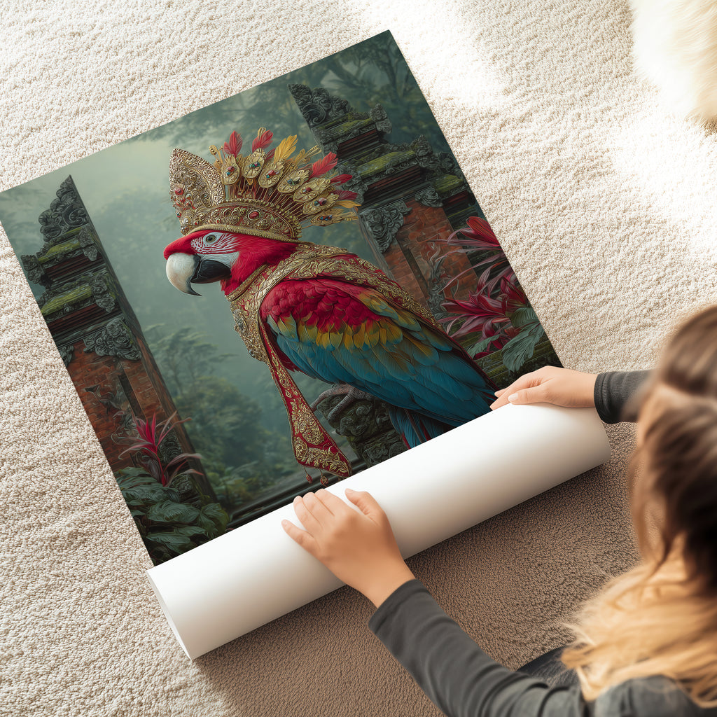 Royal Parrot Poster – Exotic Bird Art Print, Balinese Jungle Wall Decor, Tropical Animal Illustration
