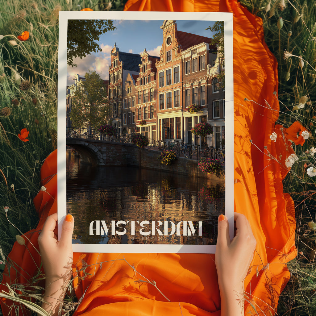 Netherlands Travel Poster – Amsterdam Canal Houses Wall Art Print, European Cityscape Decor
