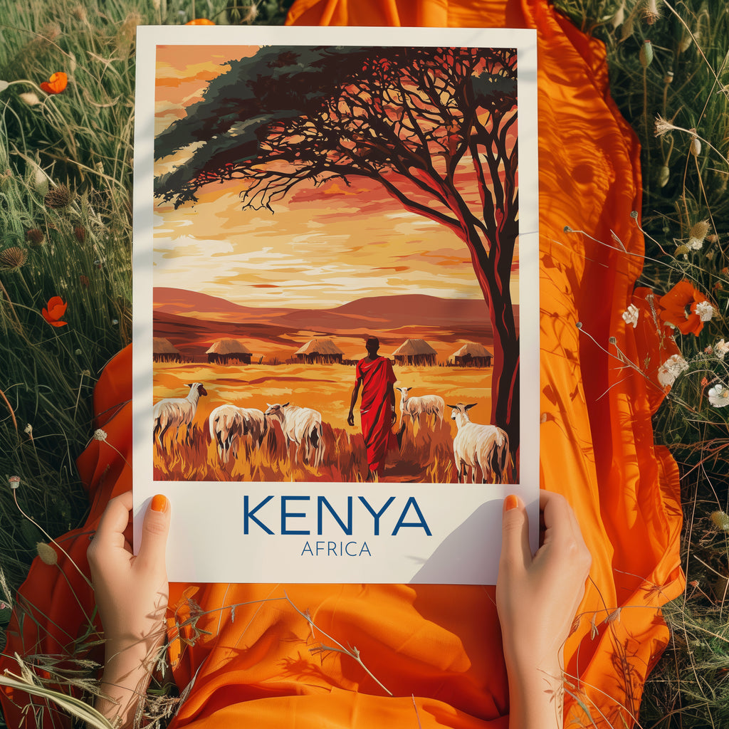 Kenya Travel Poster: Maasai Savannah Sunset Illustration Art
