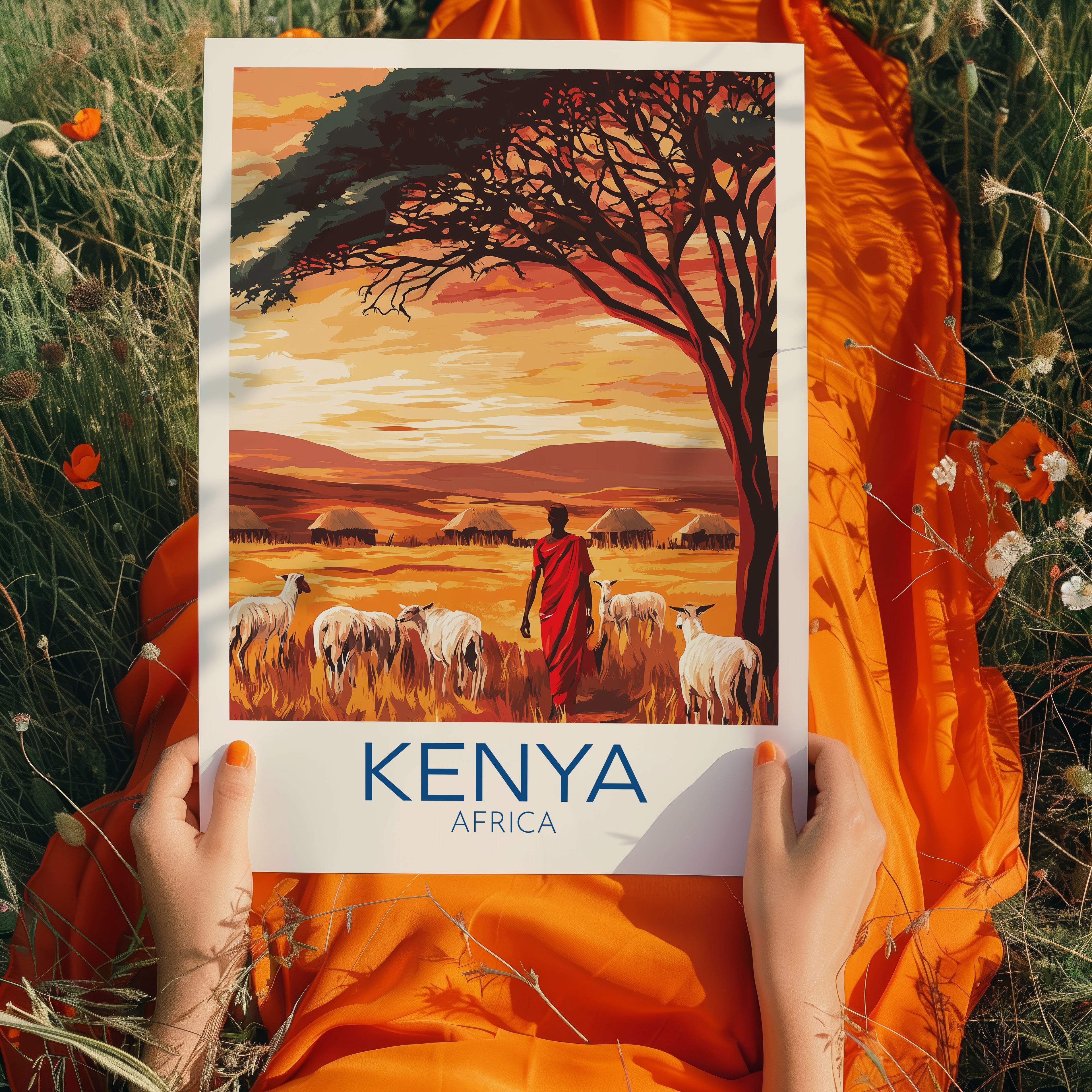 Kenya Travel Poster: Maasai Savannah Sunset Illustration Art