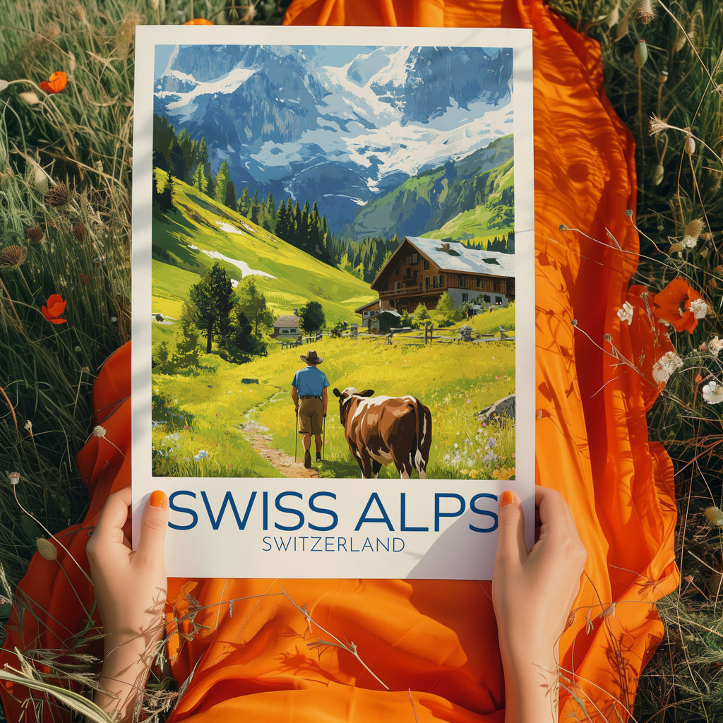 Swiss Alps Travel Poster: Alpine Mountain Landscape Illustration Art