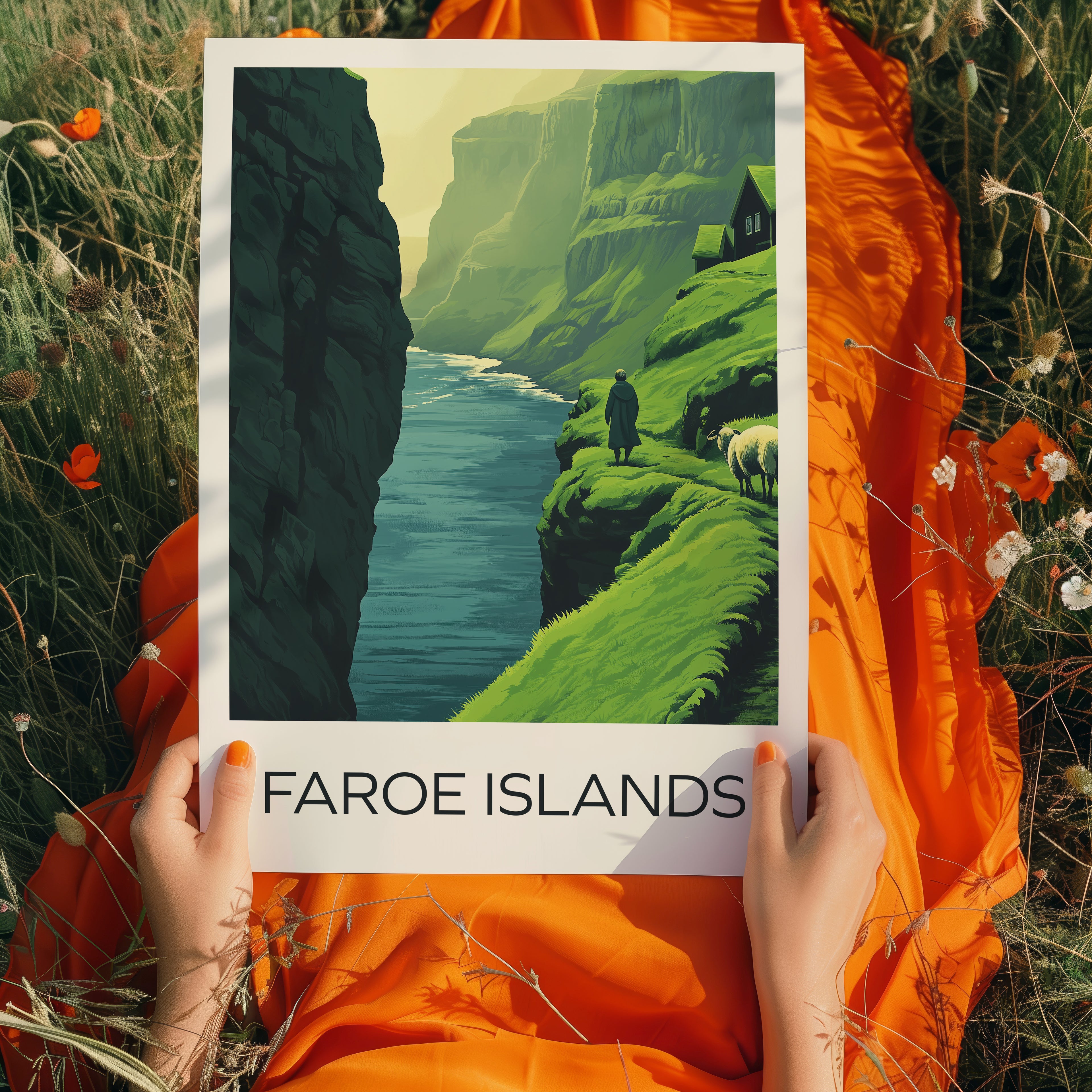 Faroe Islands Cliffside Poster – Nordic Landscape Art Print, Grass Roof Houses & Ocean View Illustration