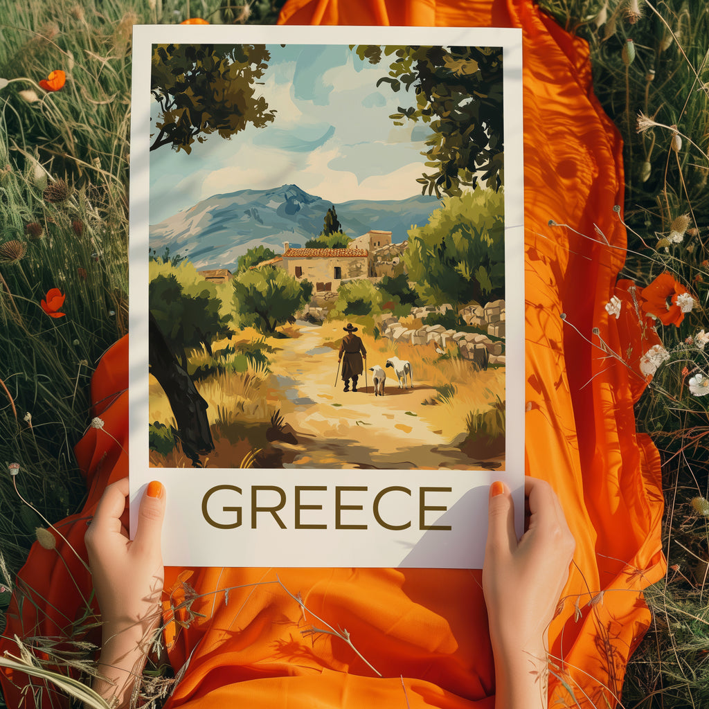 Greece Travel Poster: Mediterranean Village Landscape Illustration Art