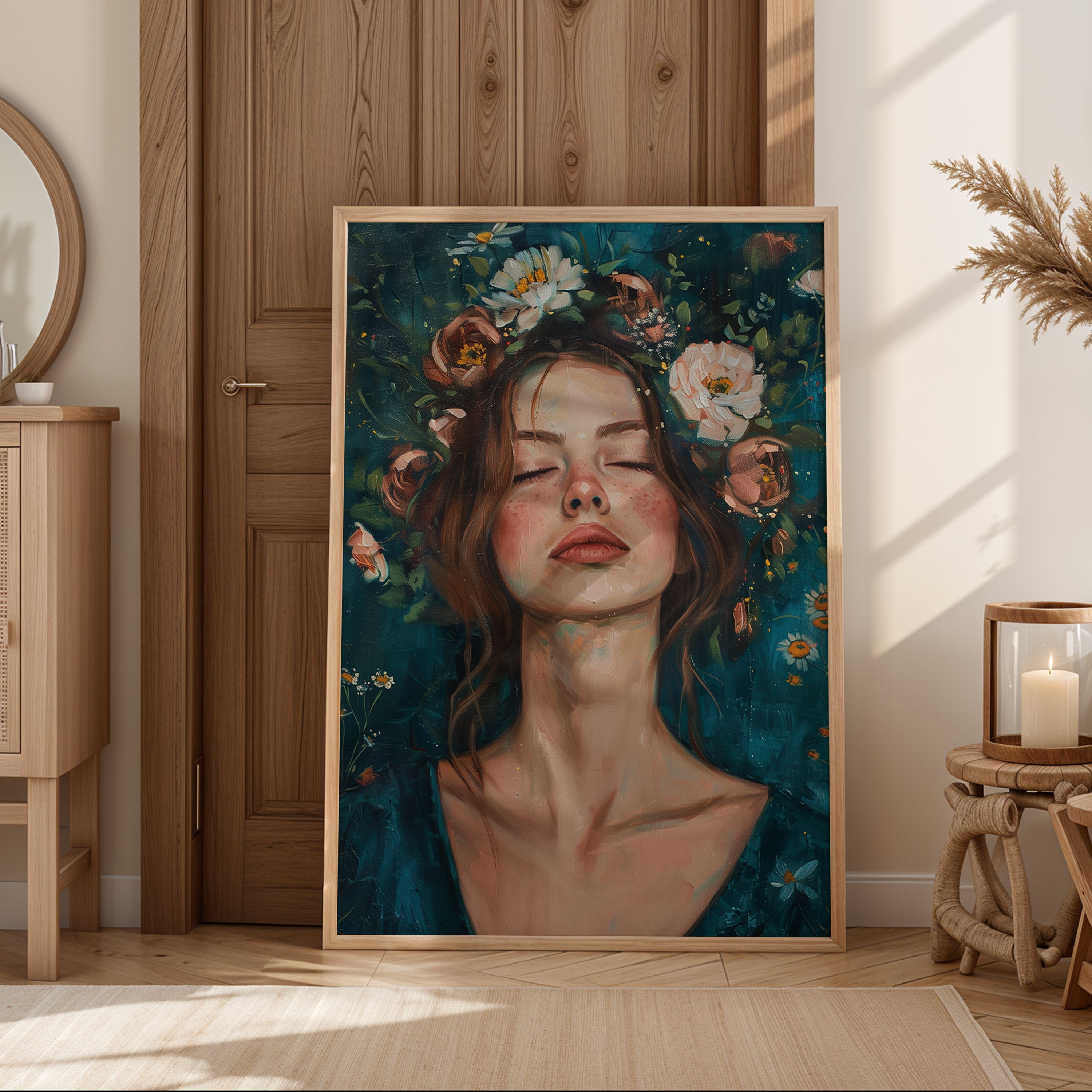 Botanical wall art showing ethereal woman portrait with botanical elements and teal background