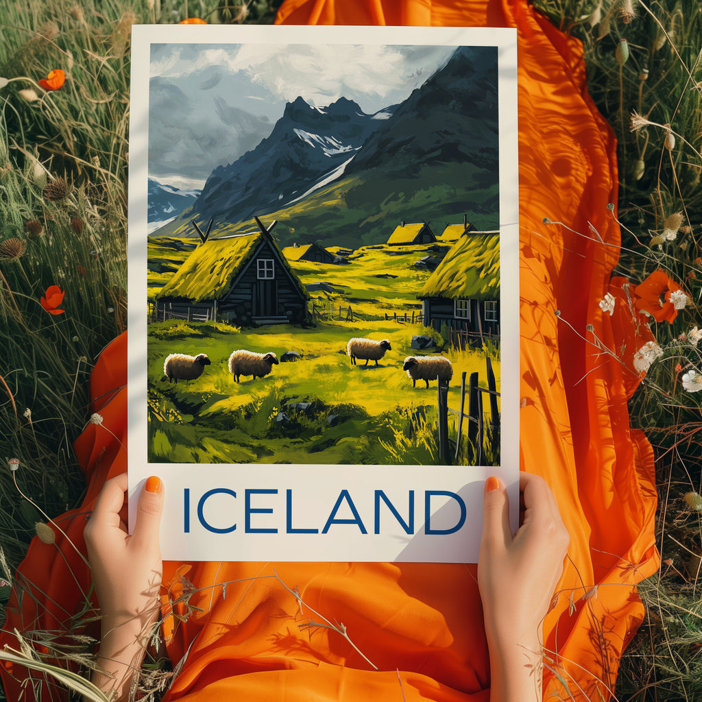 Iceland Travel Poster: Nordic Mountain Village Illustration Art