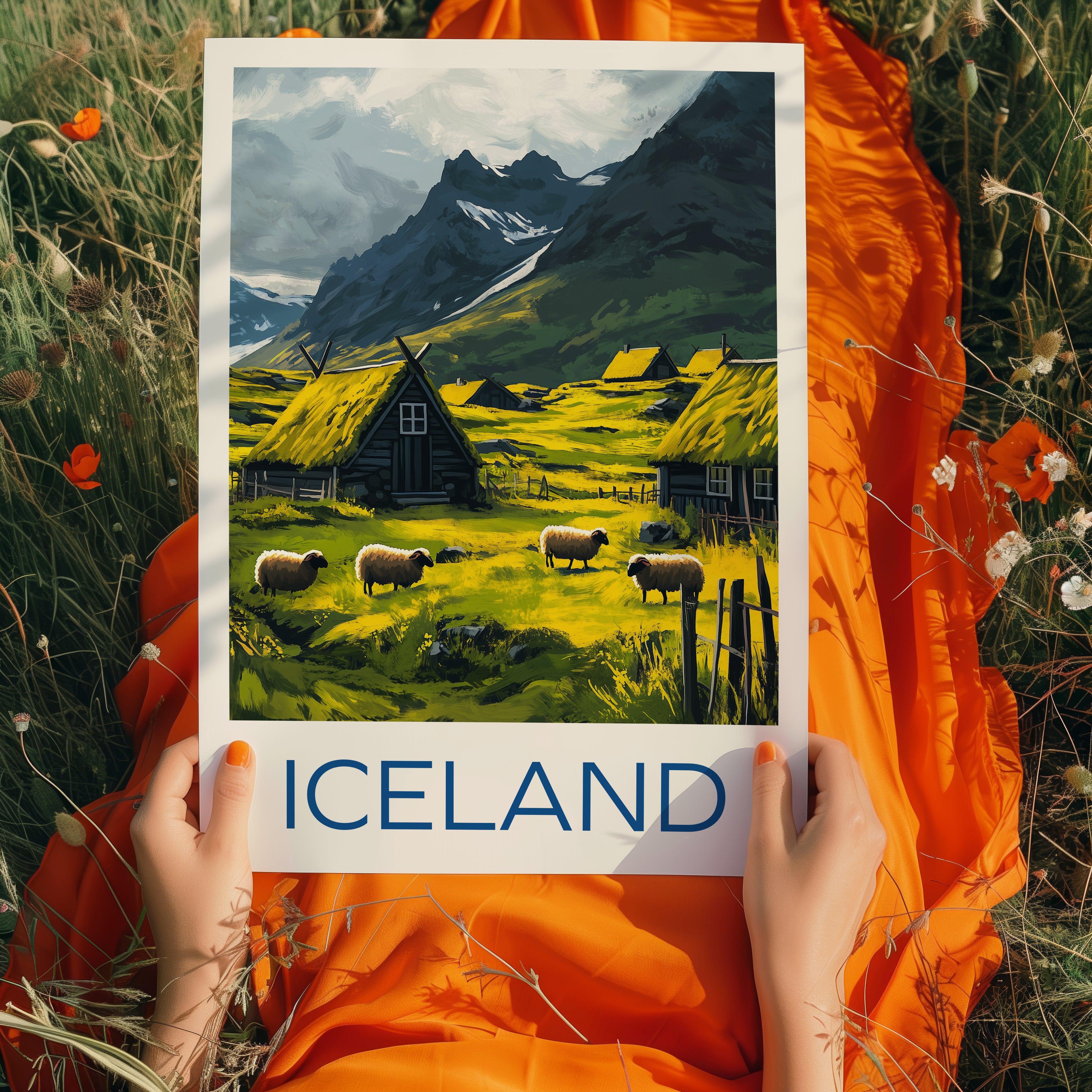 Iceland Travel Poster: Nordic Mountain Village Illustration Art