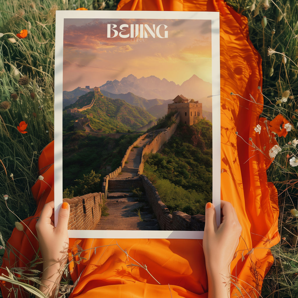 Great Wall of China Poster – Beijing Travel Wall Art, Historic Landmark Print, Framed Asian Decor, Great Wall Illustration
