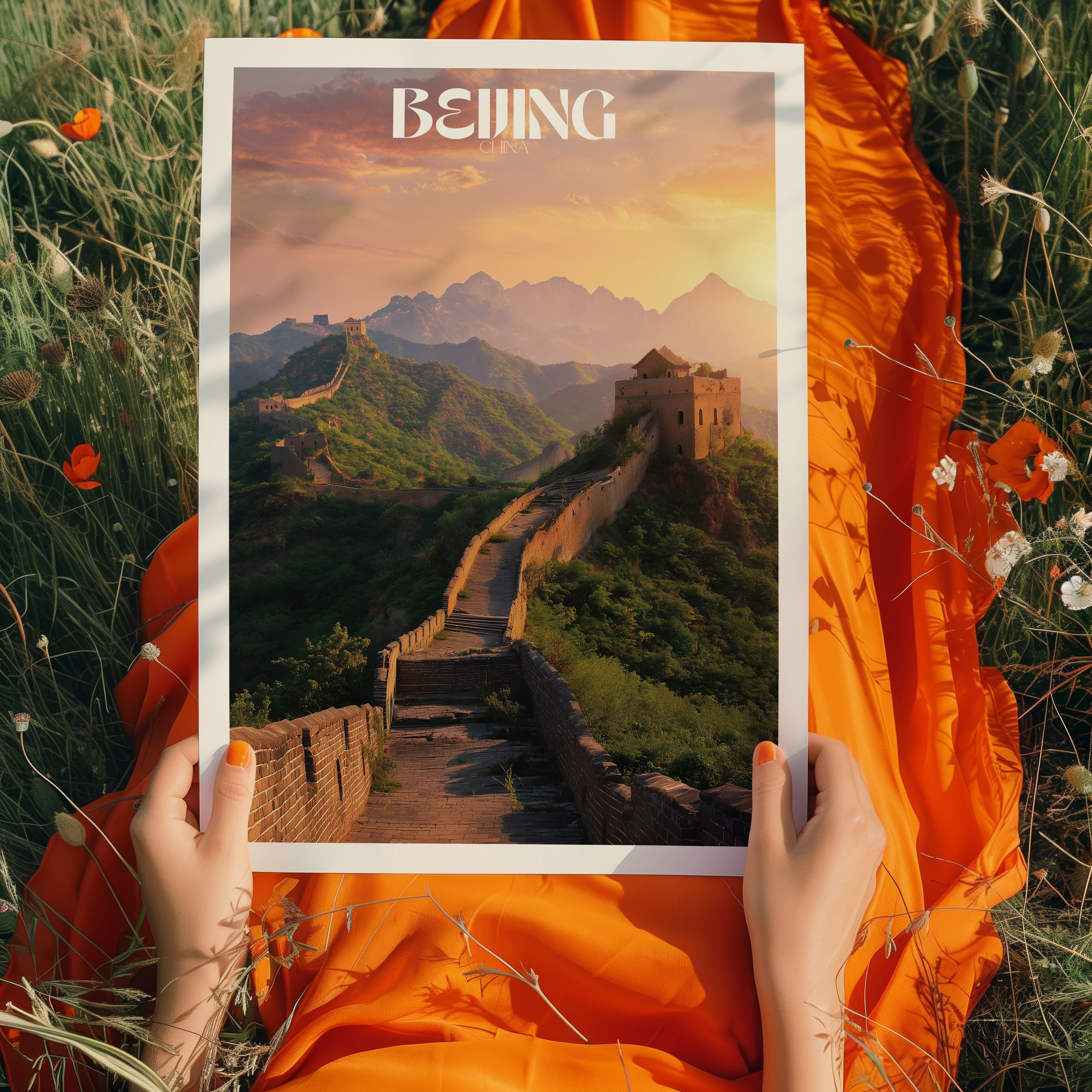 Great Wall of China Poster – Beijing Travel Wall Art, Historic Landmark Print, Framed Asian Decor, Great Wall Illustration