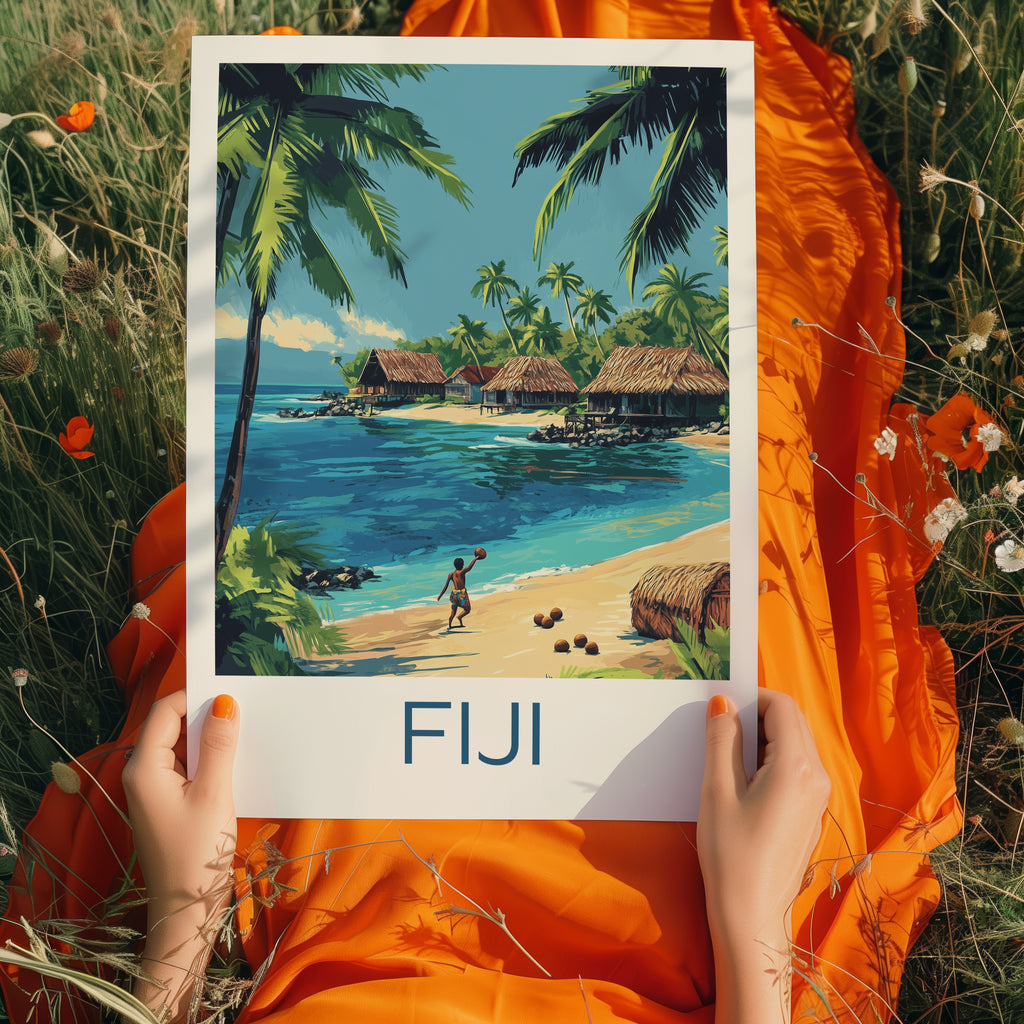 Fiji Travel Poster: Tropical Island Village Illustration Art