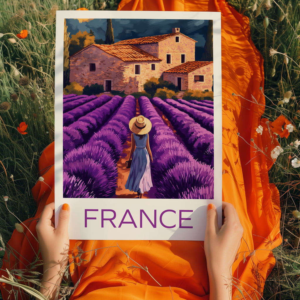 Provence France Travel Poster: Lavender Field Illustration Art
