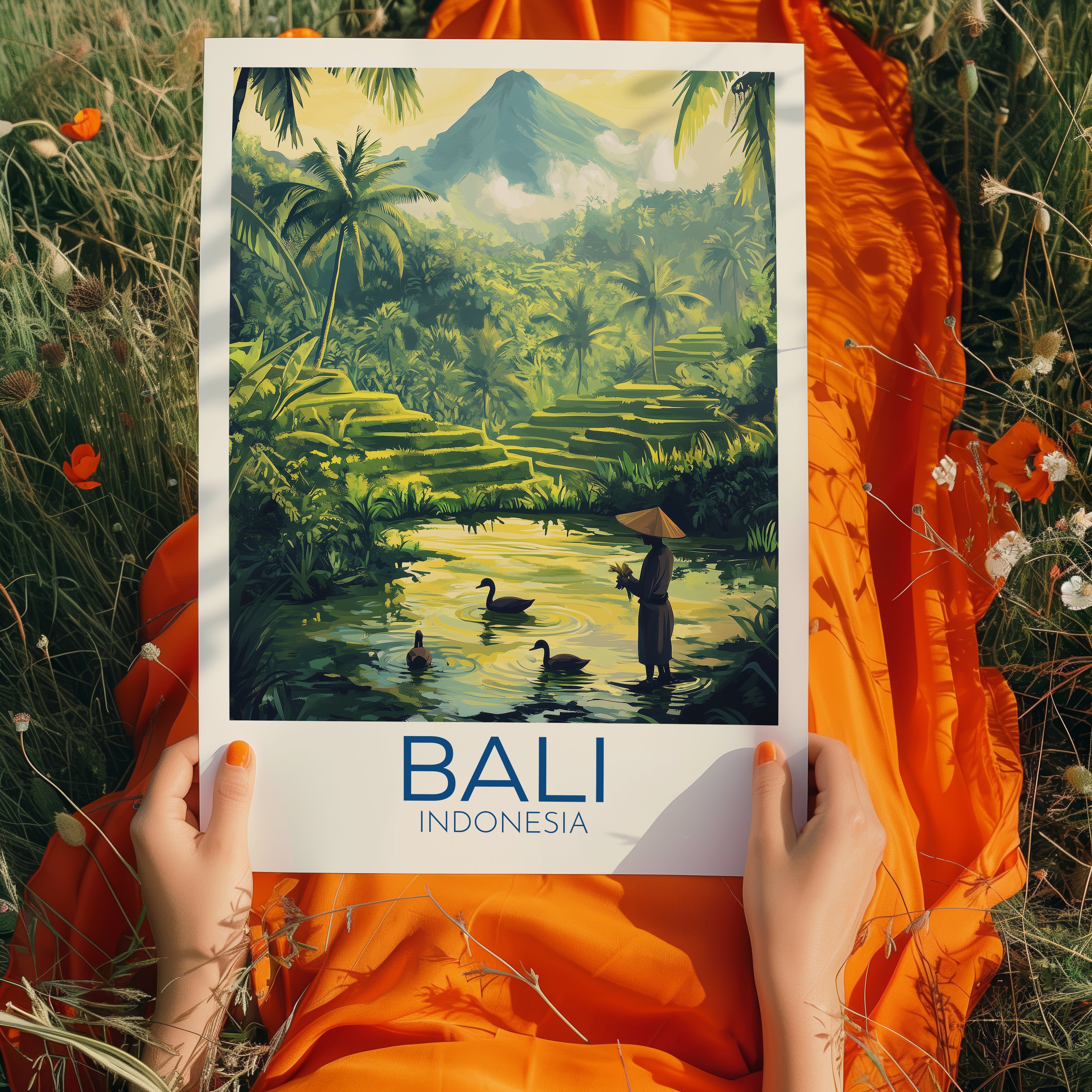 Bali Indonesia Travel Poster: Tropical Rice Terrace Illustration Art