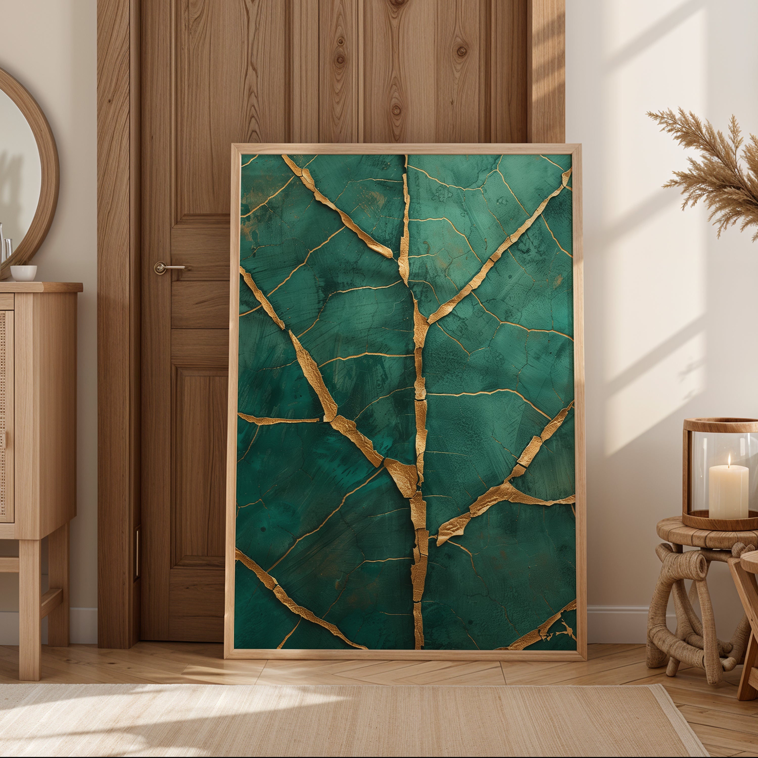 Emerald wall art showing abstract cracked stone texture with metallic gold details