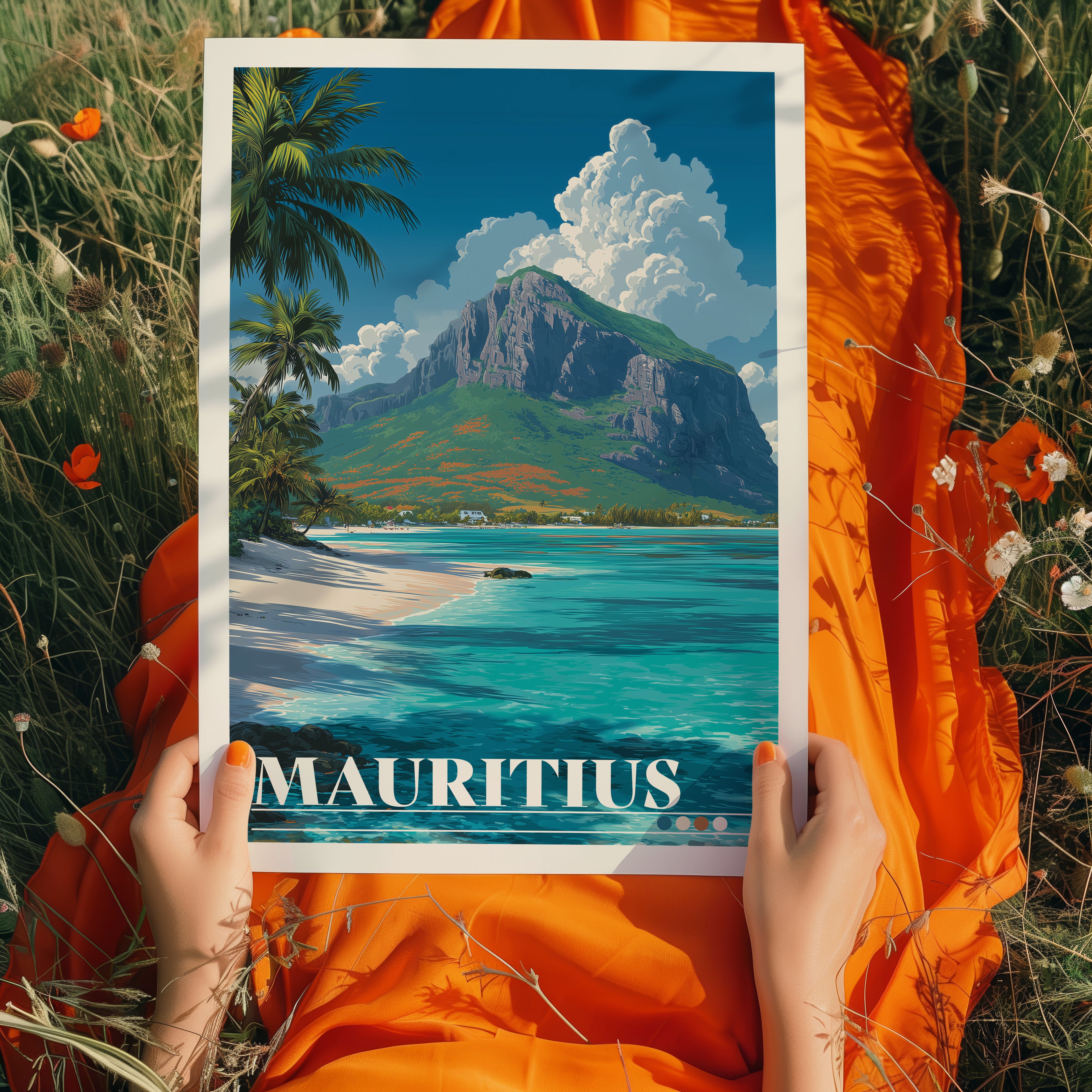 Mauritius Travel Poster: Le Morne Brabant Print, Indian Ocean Wall Art