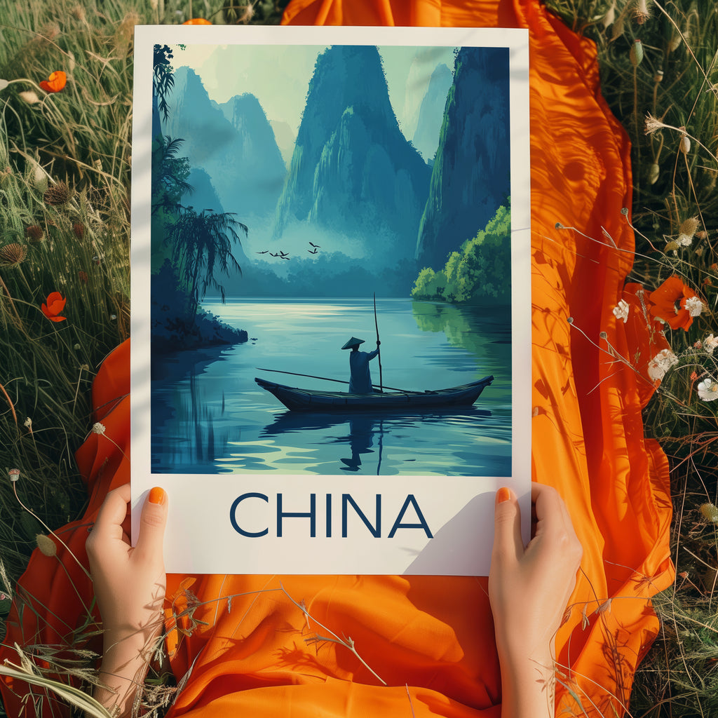 China Travel Poster: Guilin Karst River Illustration Art