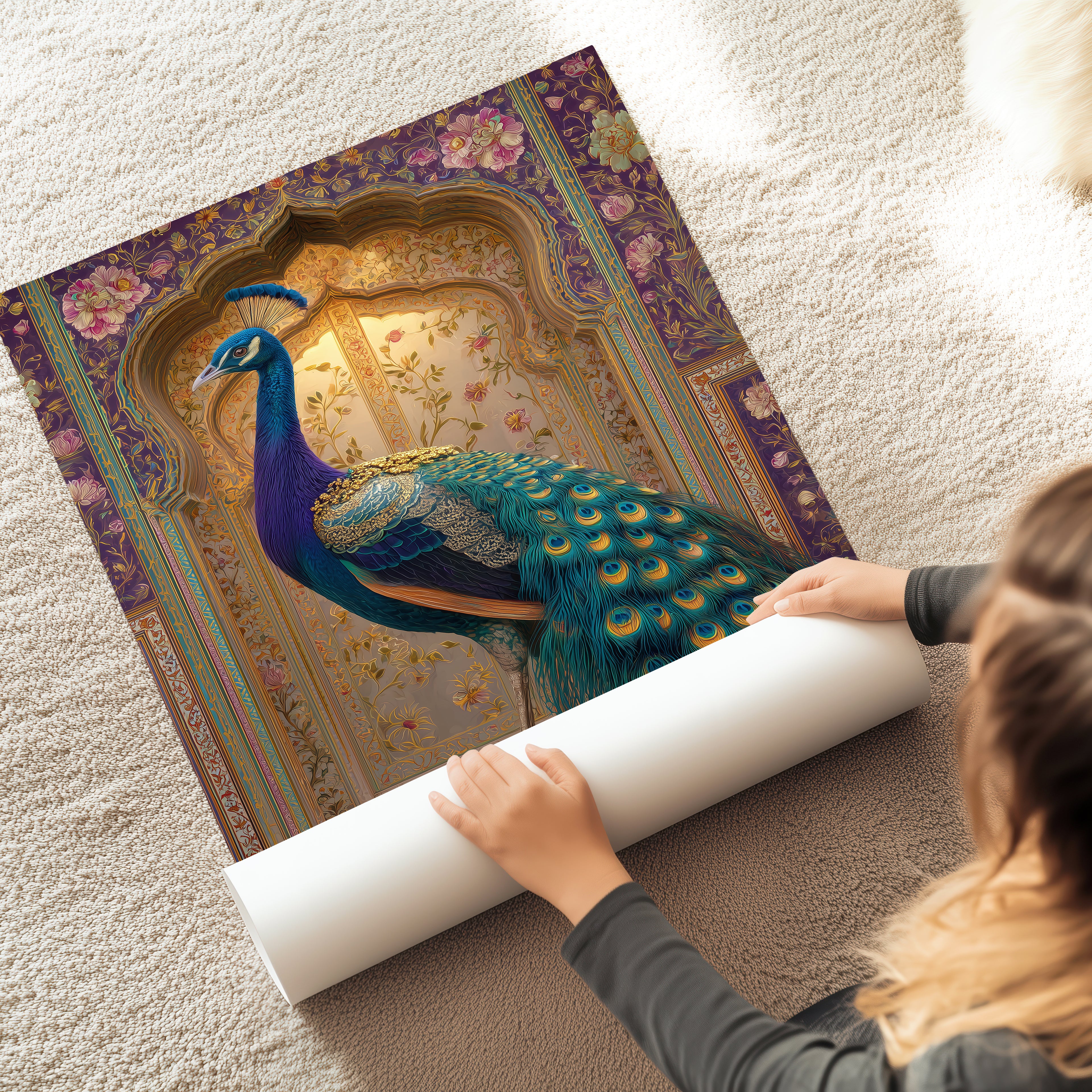 Peacock in Rajasthan Poster – Indian Palace Bird Print, Boho Wall Art