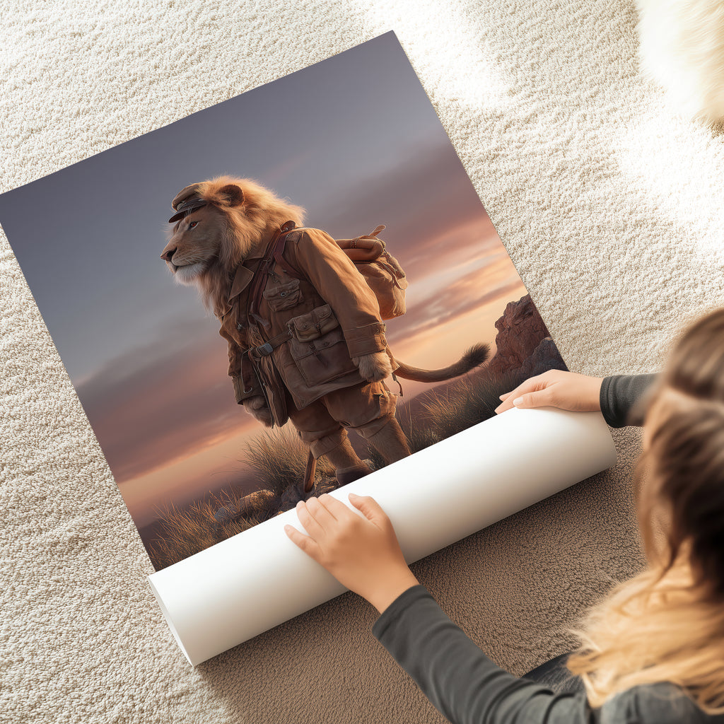 Regal Lion in Africa – Animal Portrait Explorer Wall Art, Colonial Style Wildlife Print