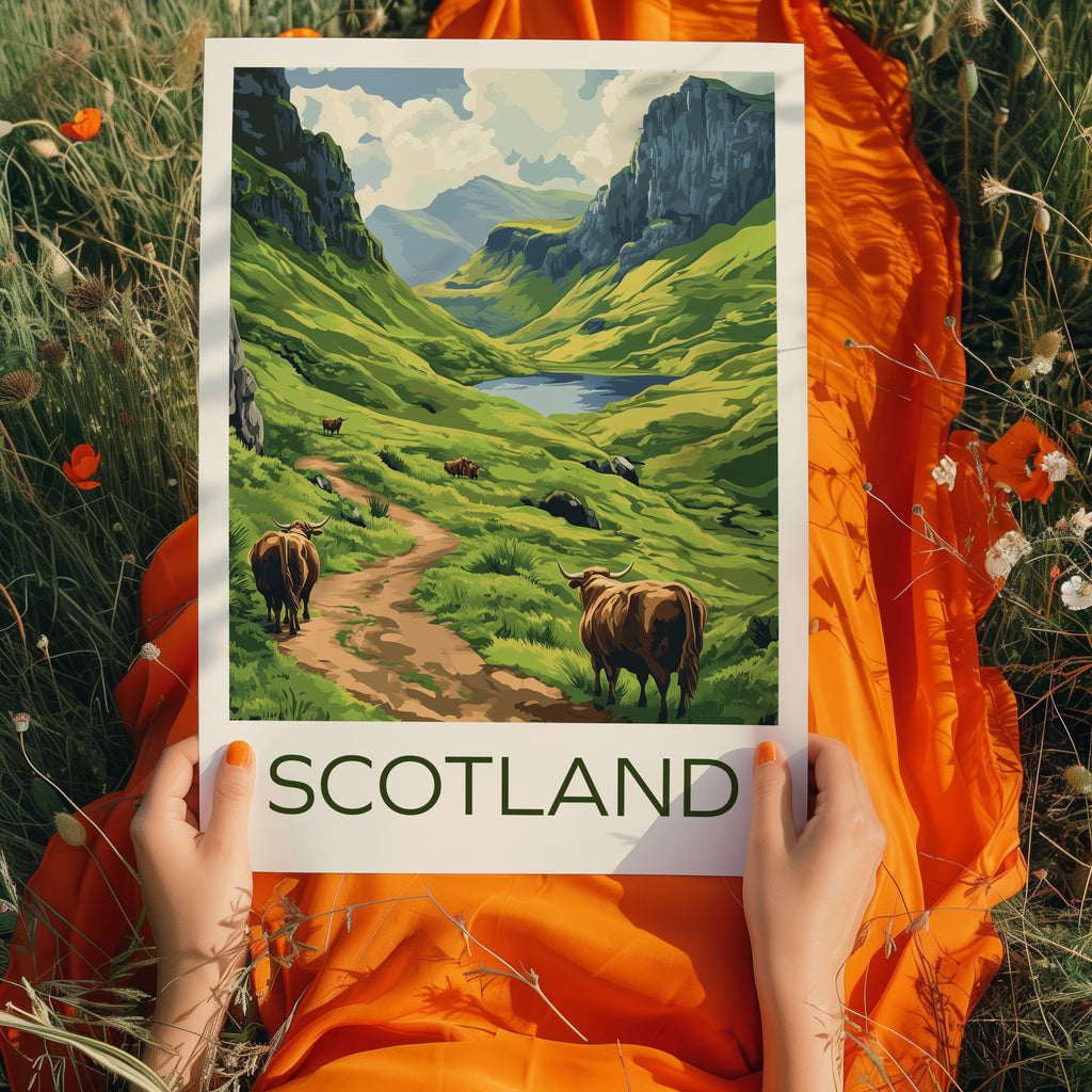 Scotland Highlands Travel Poster – Green Valley Landscape with Highland Cows Illustration Art