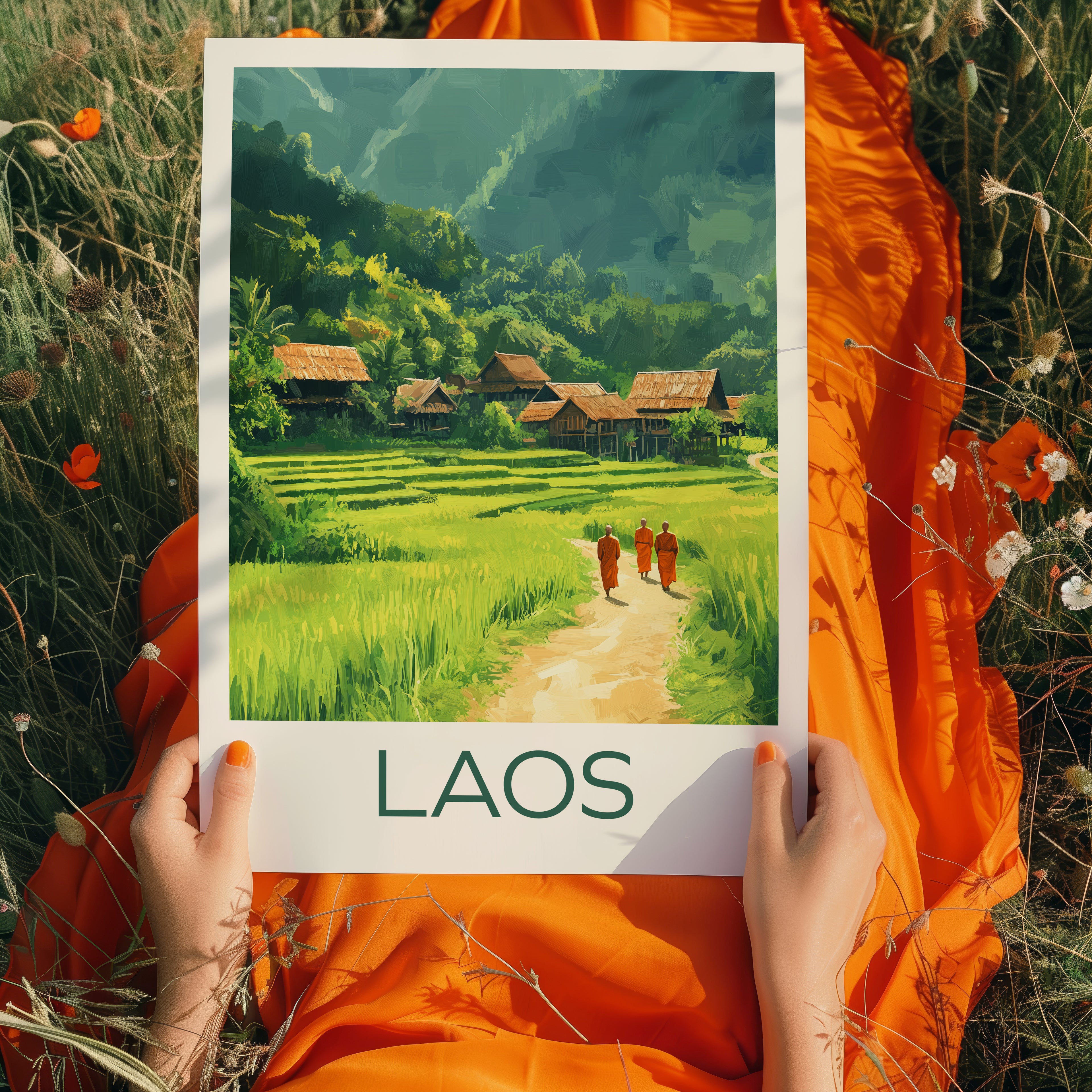 Laos Travel Poster: Rice Terrace Village Illustration Art