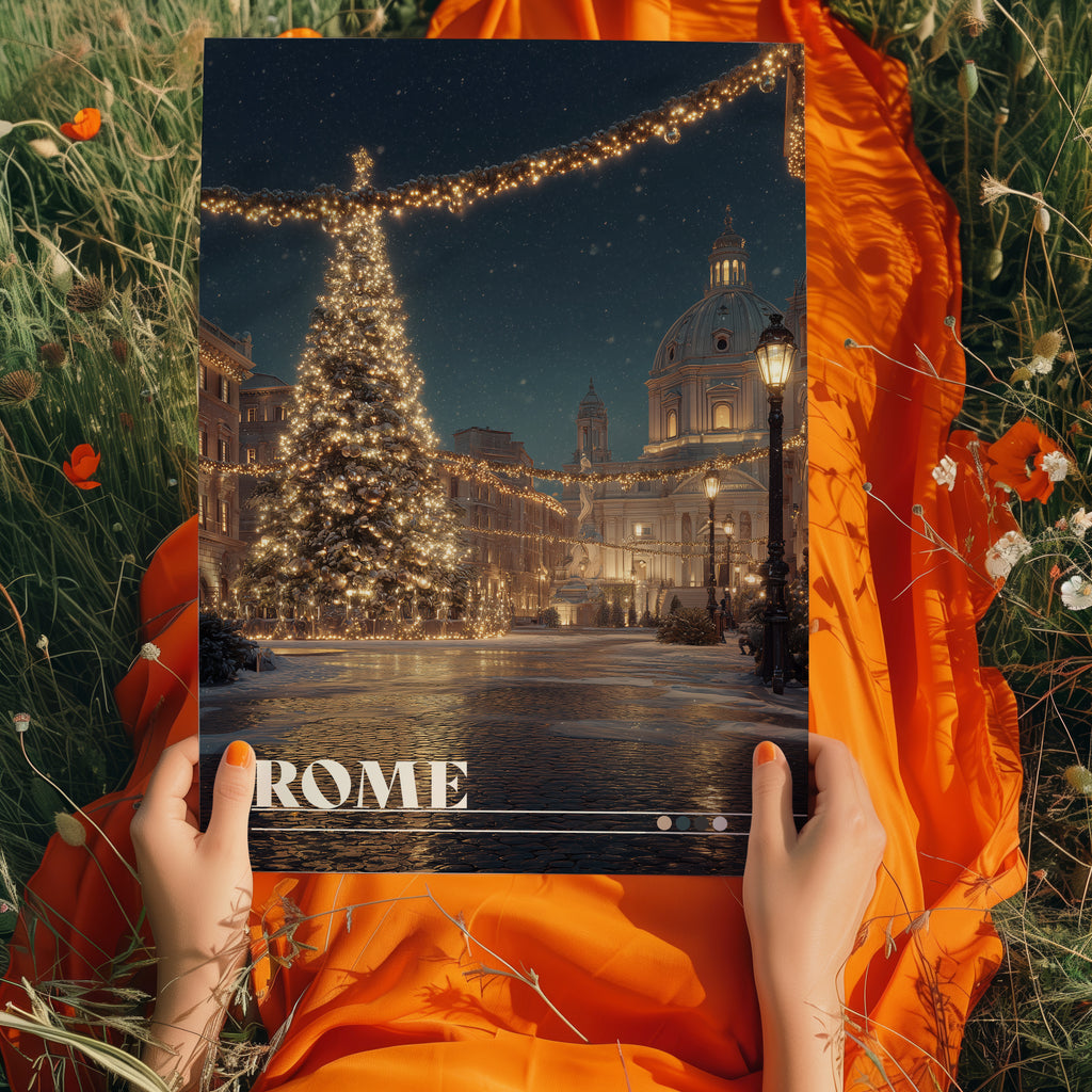 Rome Italy Poster – Christmas Piazza Wall Art, Holiday City Print, Festive Travel Photography Decor
