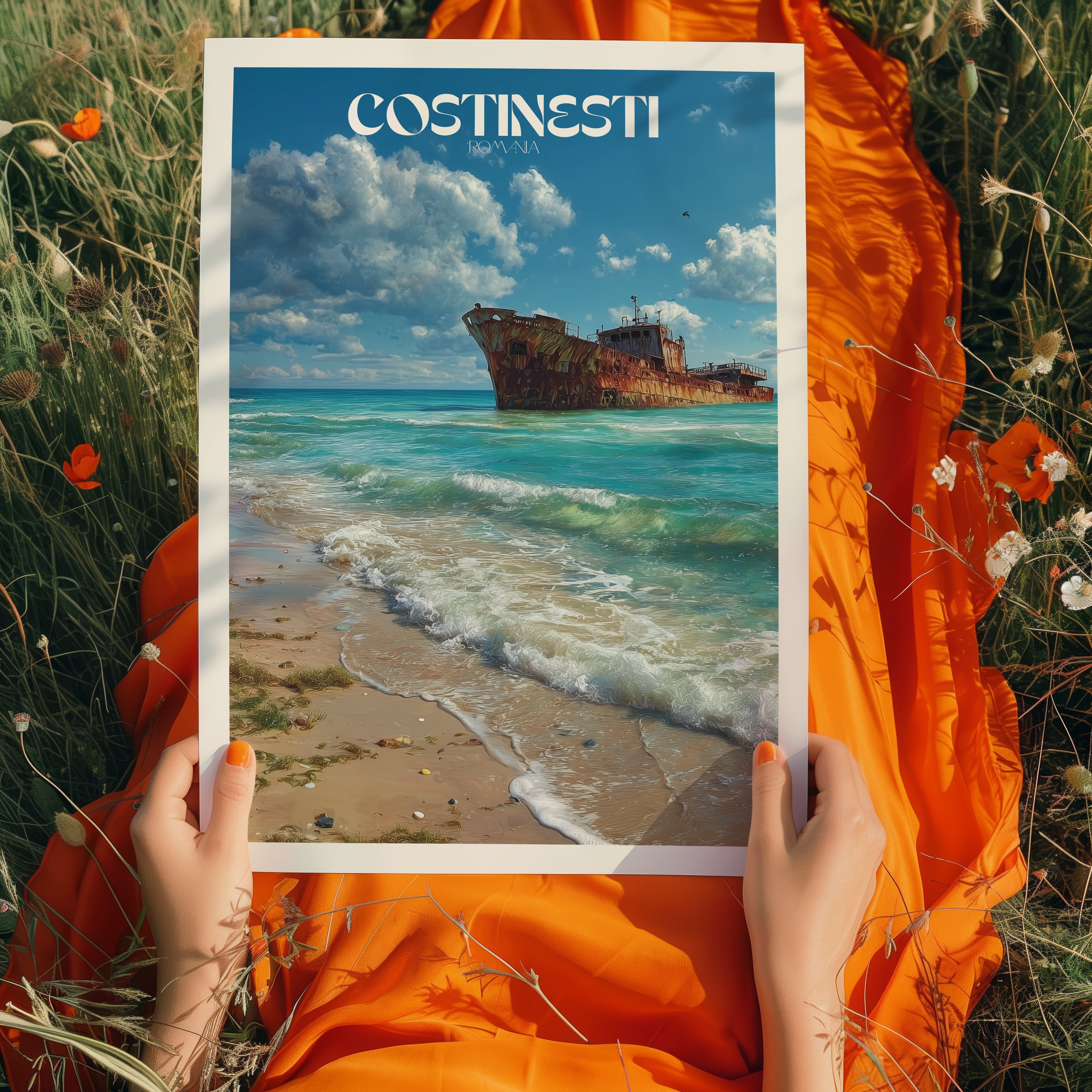 Romania Travel Poster – Costinești Shipwreck Wall Art Print, Black Sea Coastal Decor