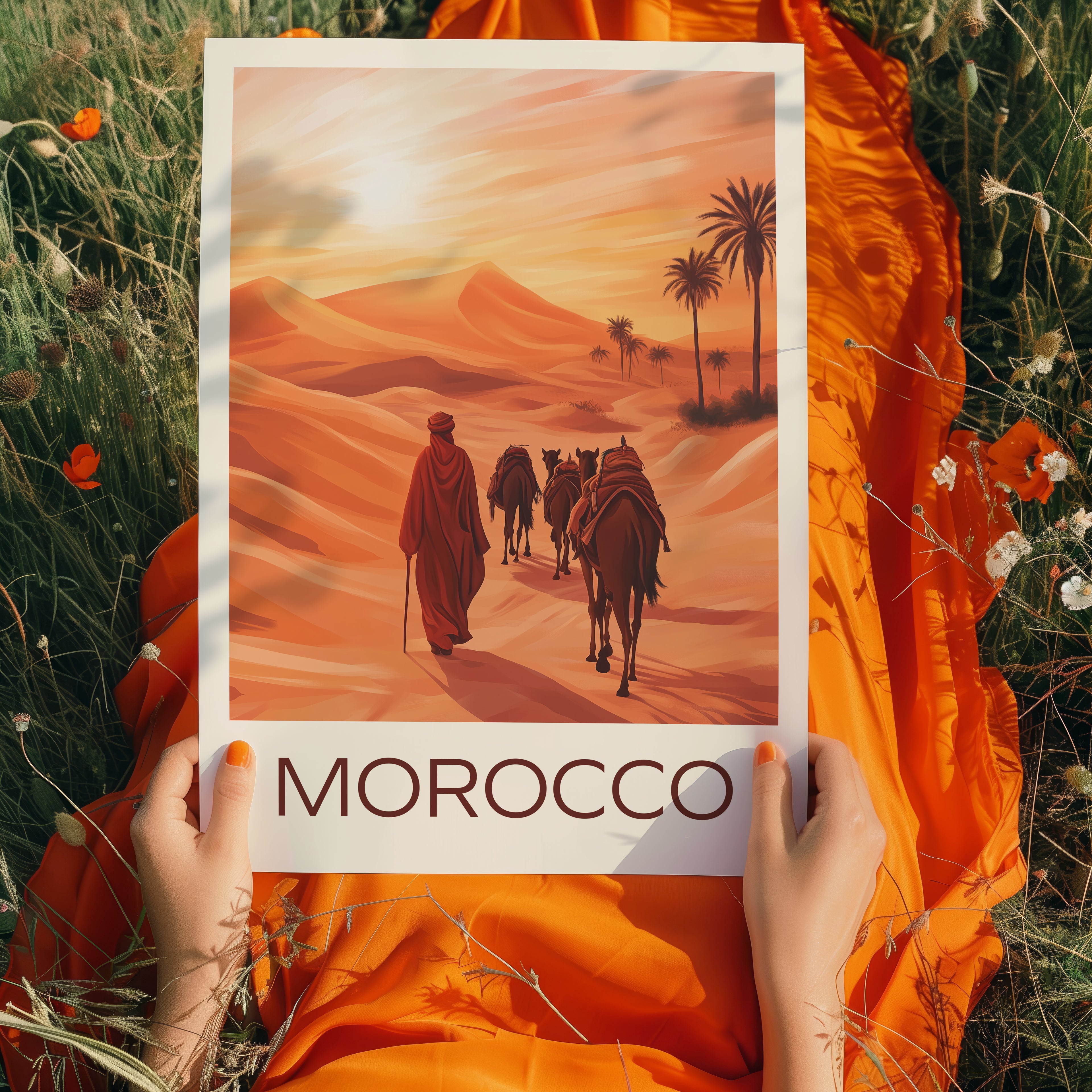 Morocco Travel Poster: Sahara Desert Sunset Illustration Art
