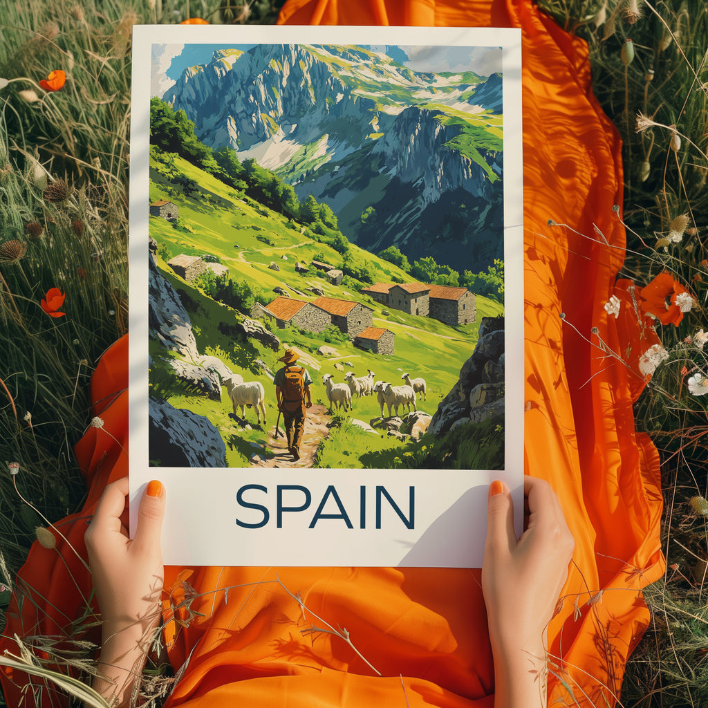 Spain Mountain Village Travel Poster – Picos de Europa Landscape Art Print, Rustic Stone Houses & Shepherd Illustration