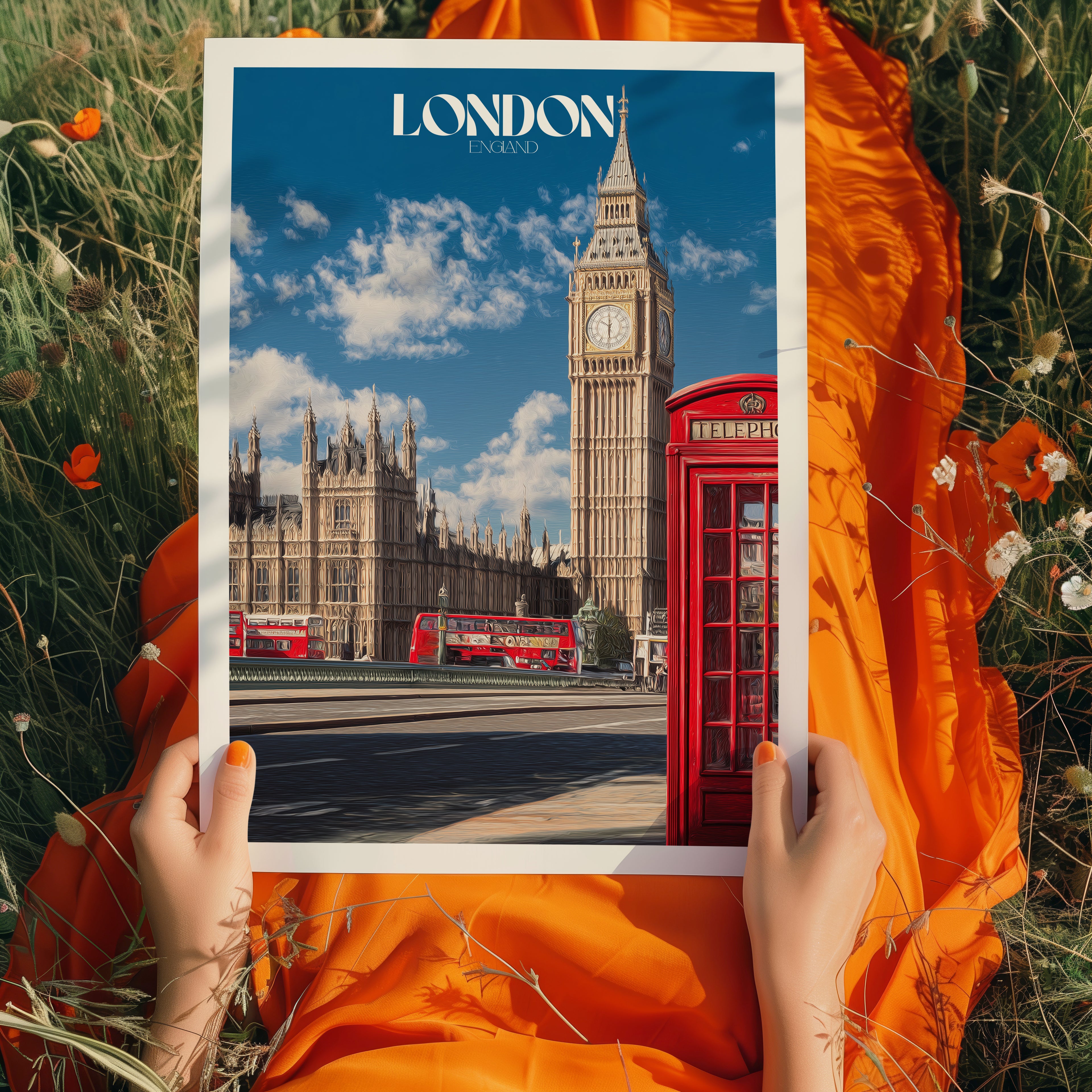 London Travel Poster: Big Ben & Red Phone Booth Print