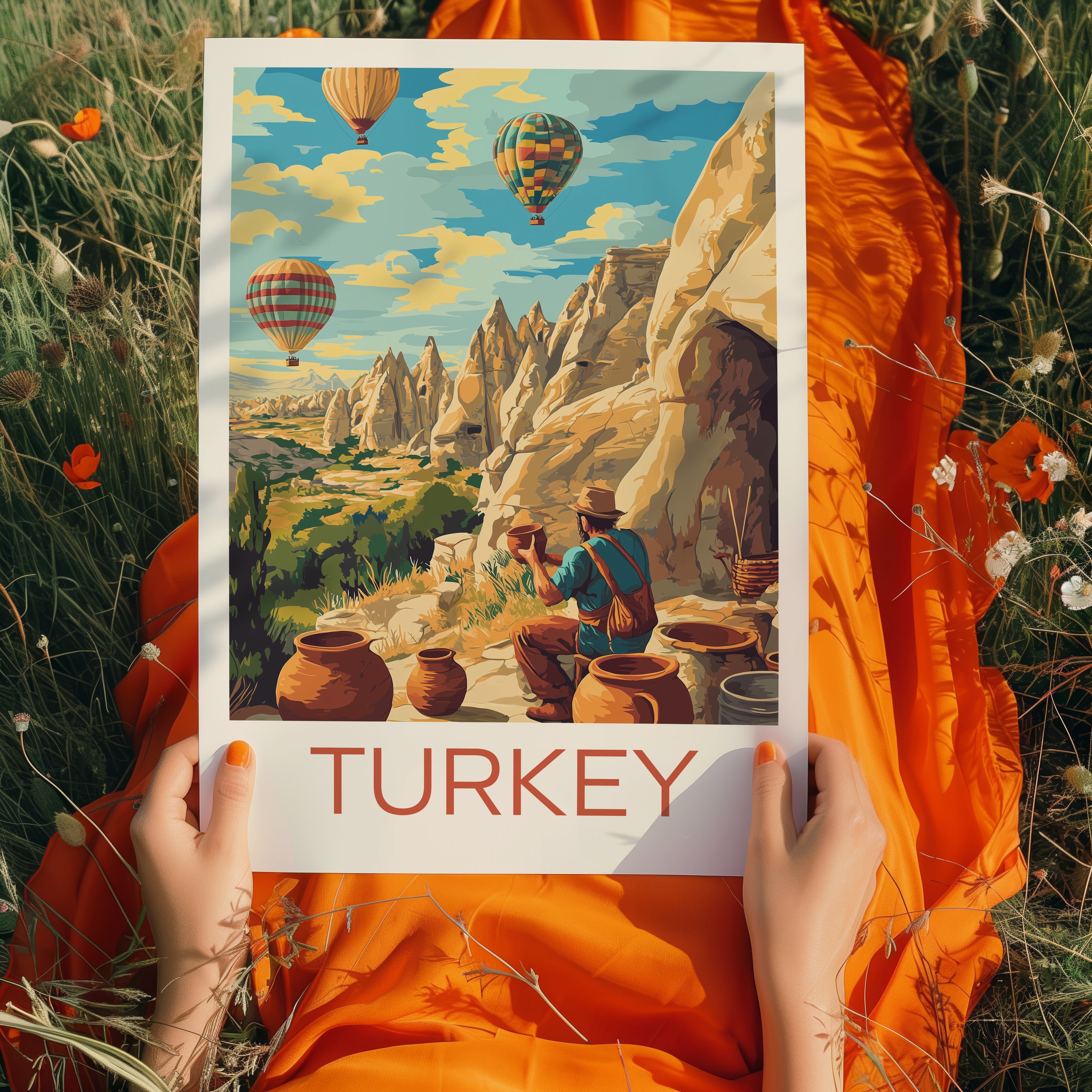 Turkey Travel Poster: Cappadocia Hot Air Balloon Illustration Art