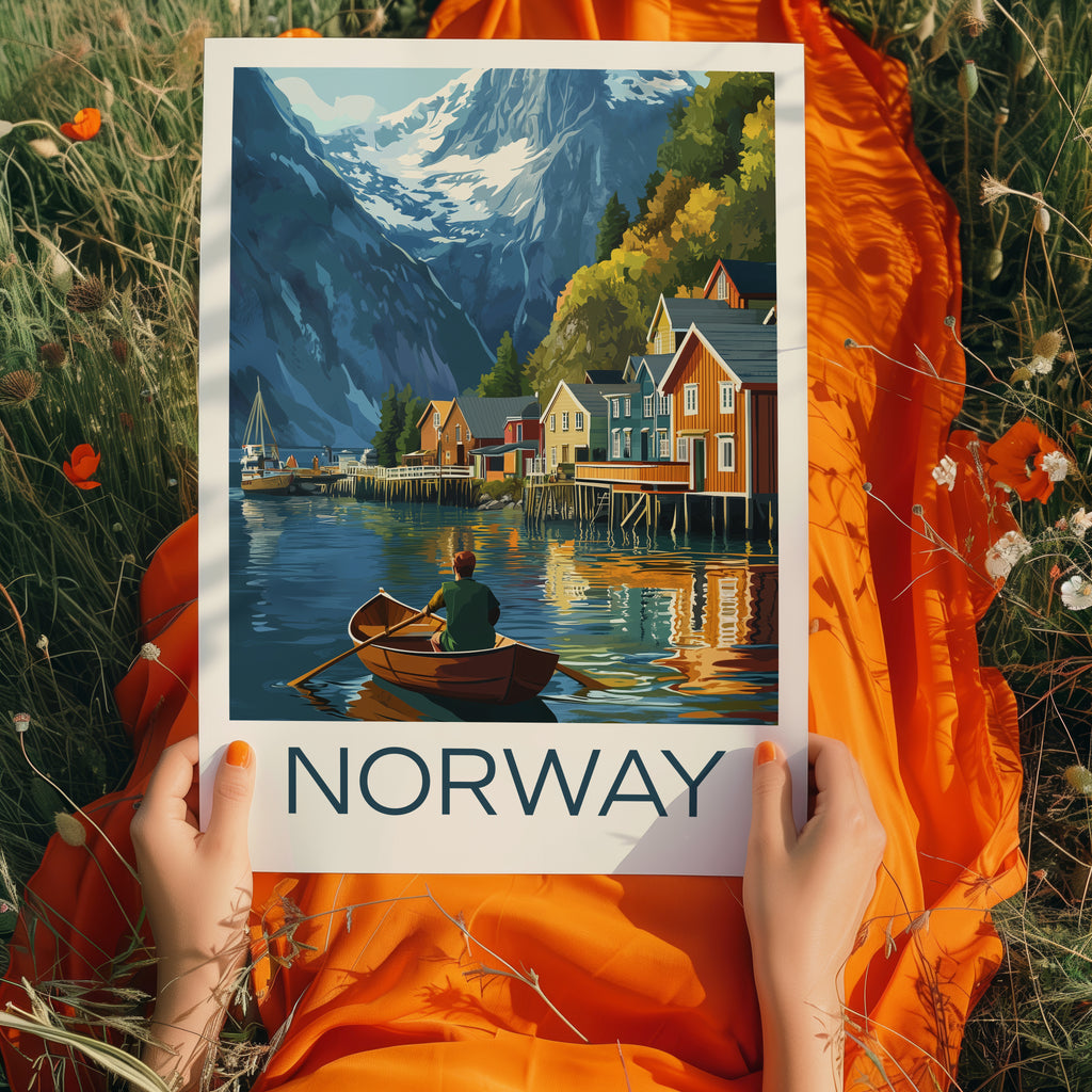 Norway Travel Poster: Nordic Fjord Village Illustration Art