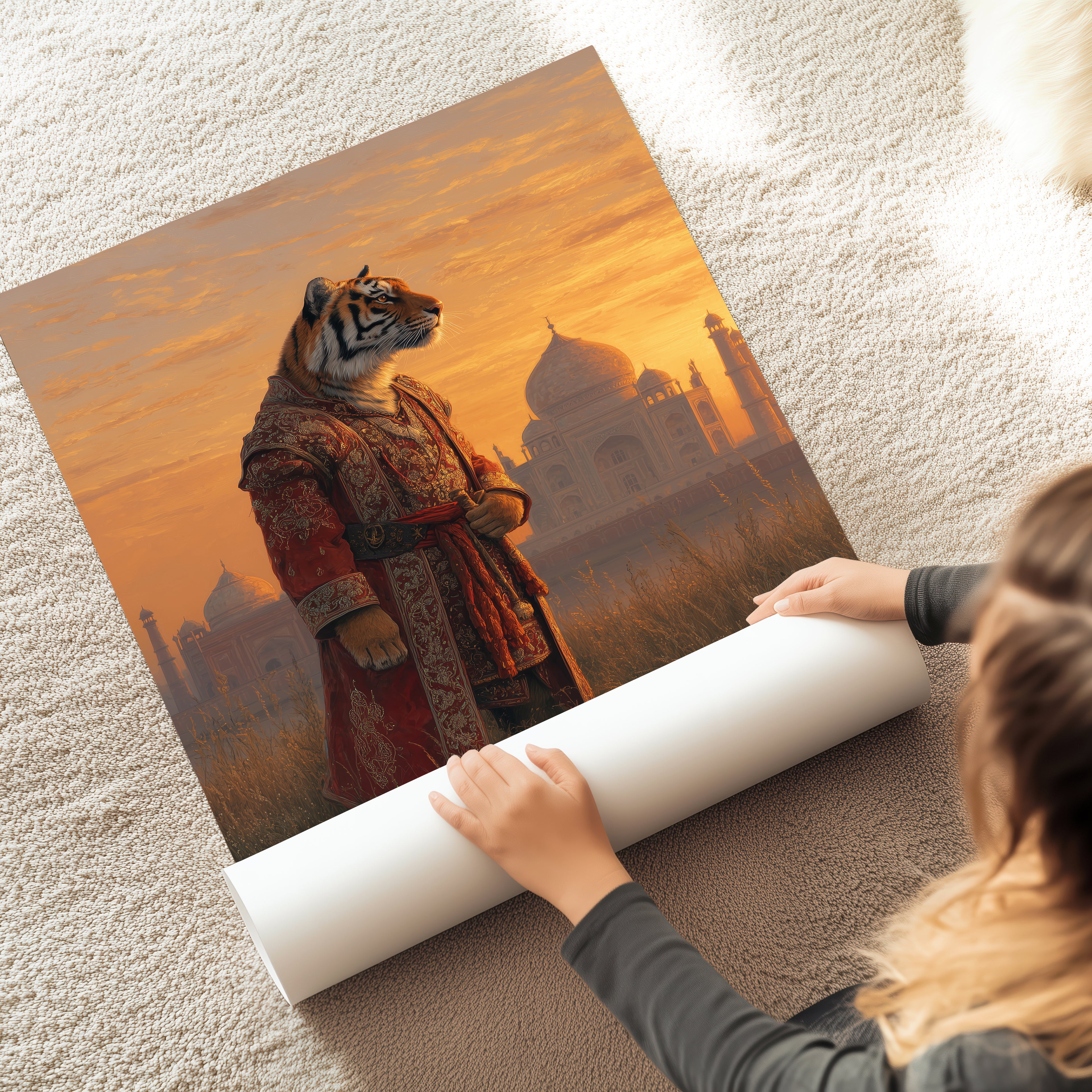 Regal Tiger Poster – Anthropomorphic Animal Art Print, Jungle Decor, Taj Mahal Fantasy Wall Art