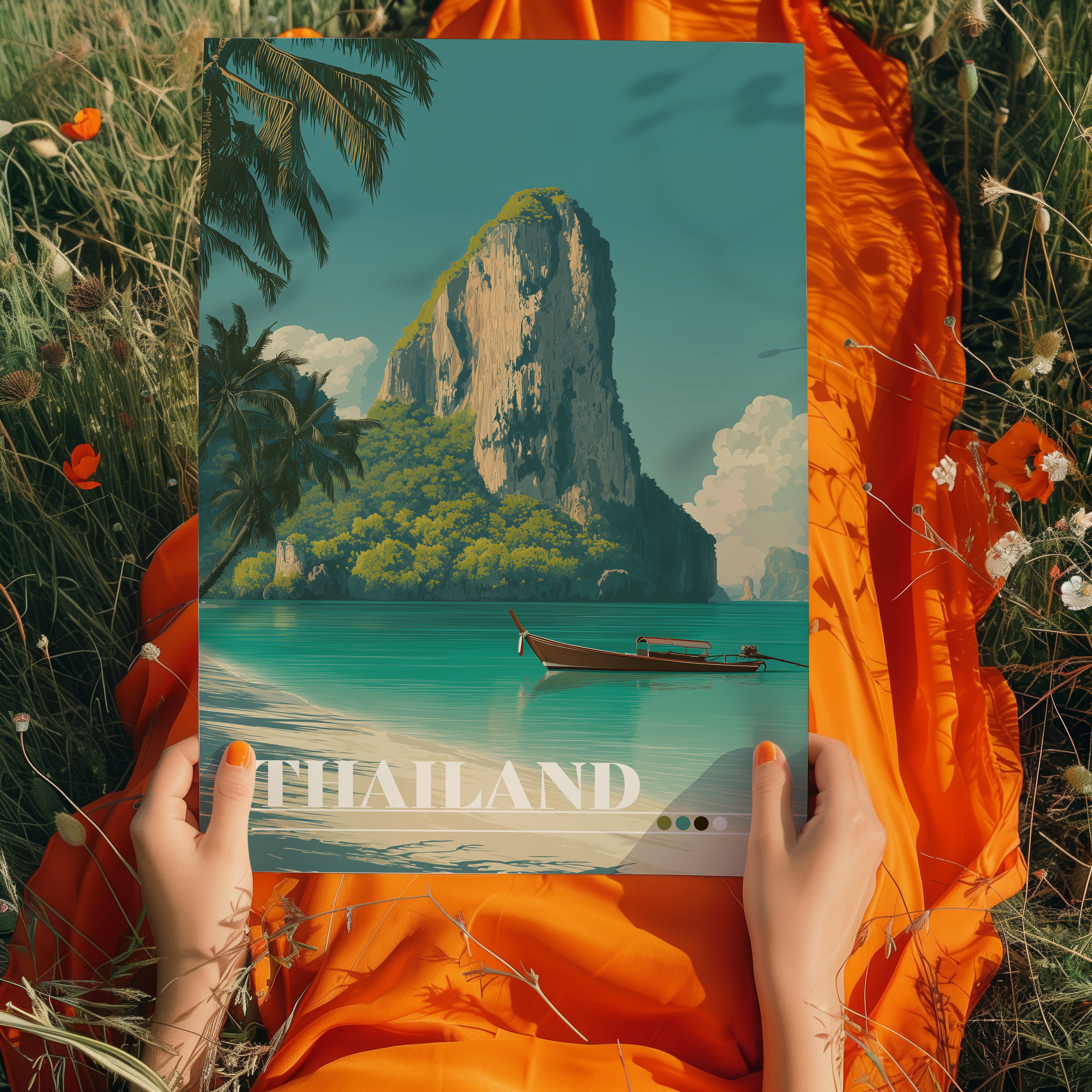 Krabi Thailand Travel Print: Tropical Beach, Longtail Boat, Southeast Asia