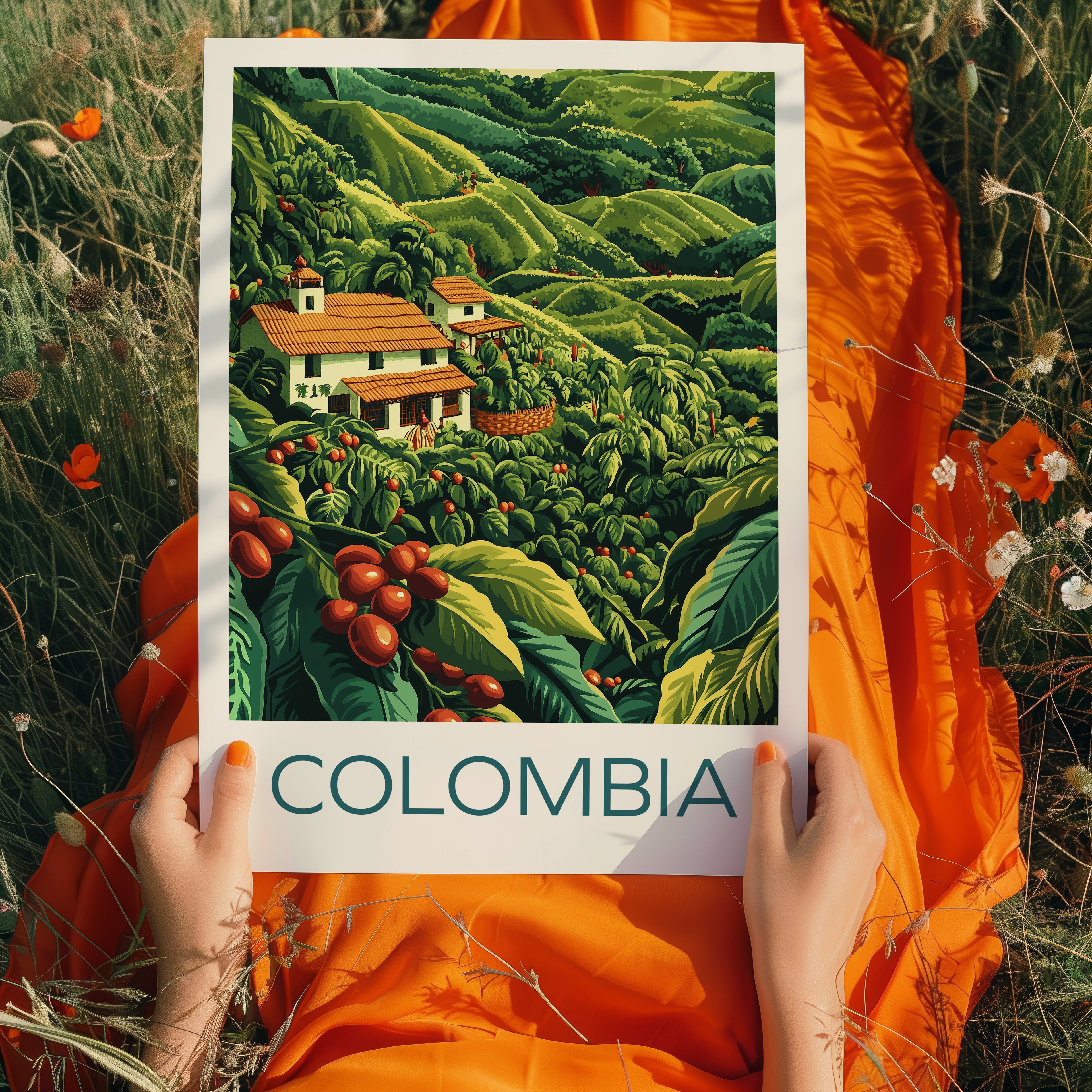 Colombia Coffee Farm Travel Poster – Eje Cafetero Landscape Illustration Art