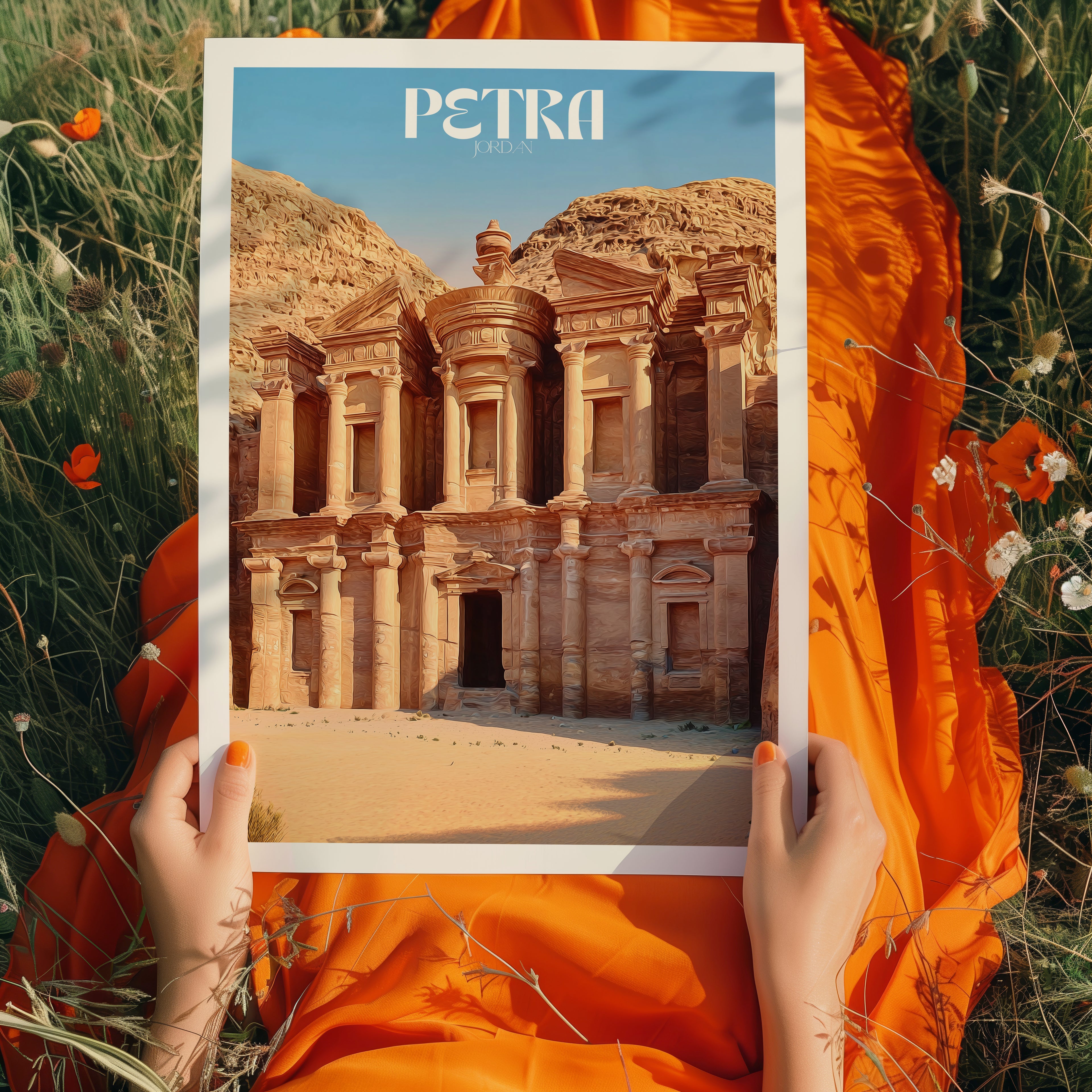 Jordan Travel Poster – Petra Ancient City Print, Archaeological Landmark Wall Art