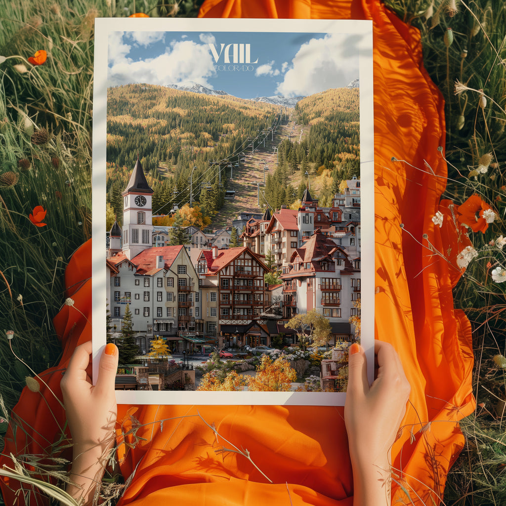 Colorado travel poster featuring Vail ski town with autumn colors and mountain scenery.