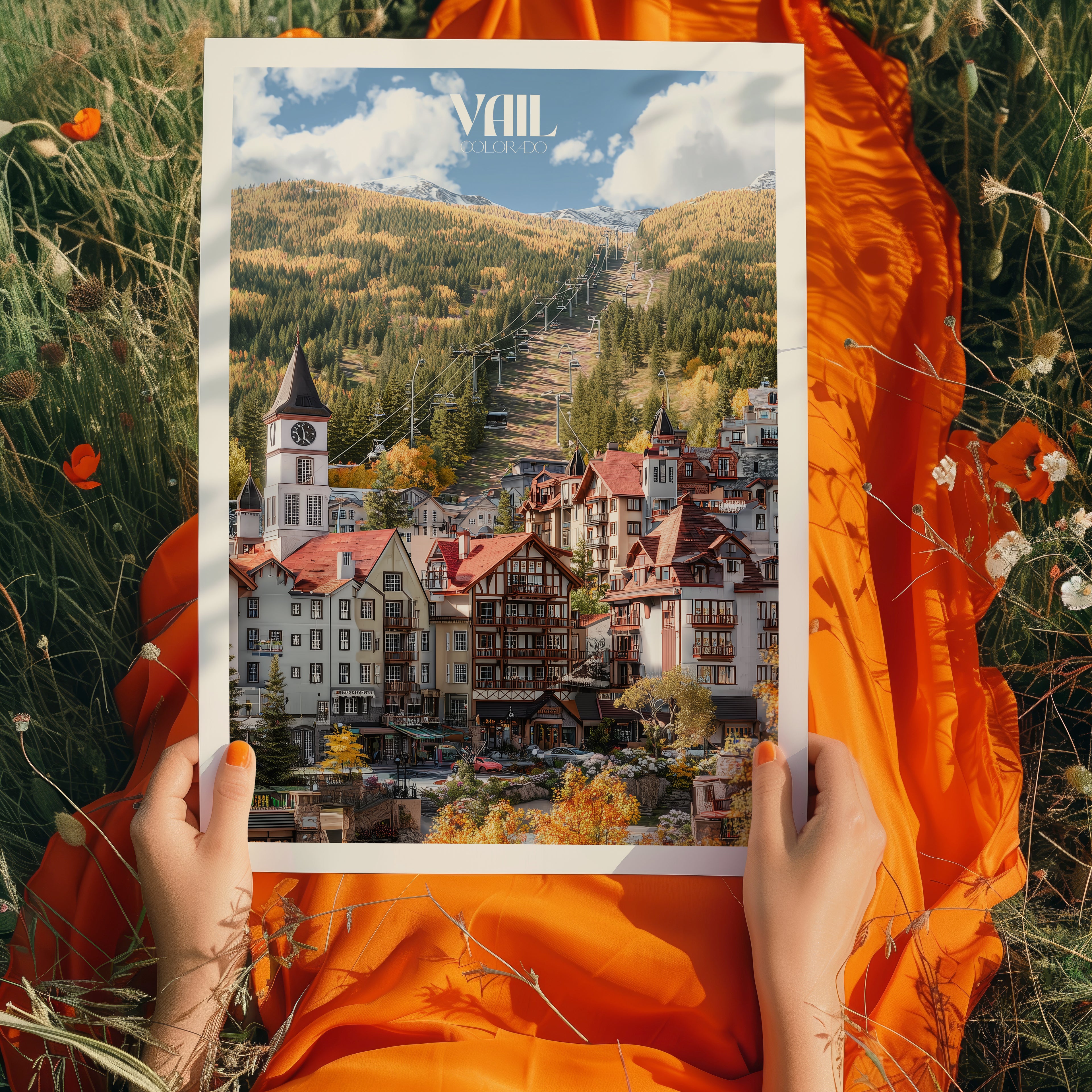 Colorado Travel Poster – Vail Ski Town Print, Autumn Mountain Village Wall Art, Rockies Decor