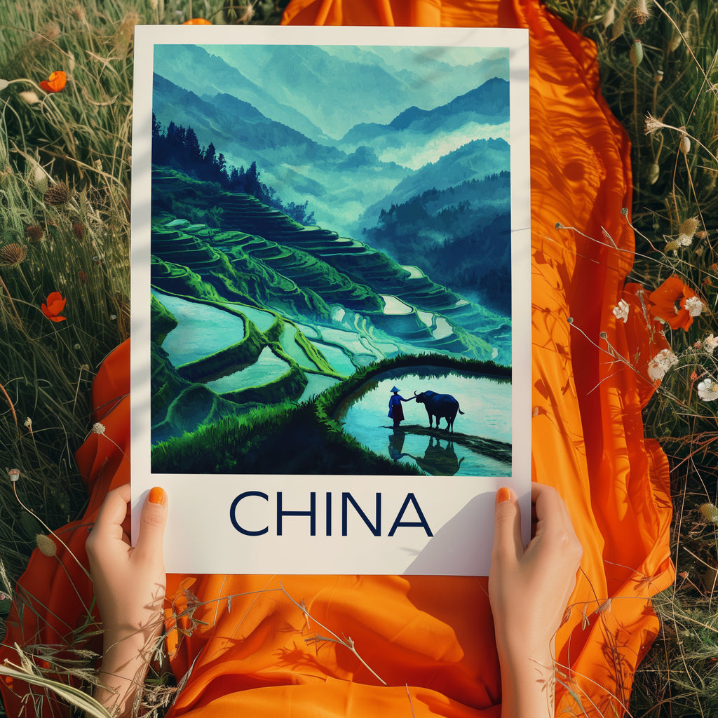China Travel Poster: Longsheng Rice Terraces Illustration Art