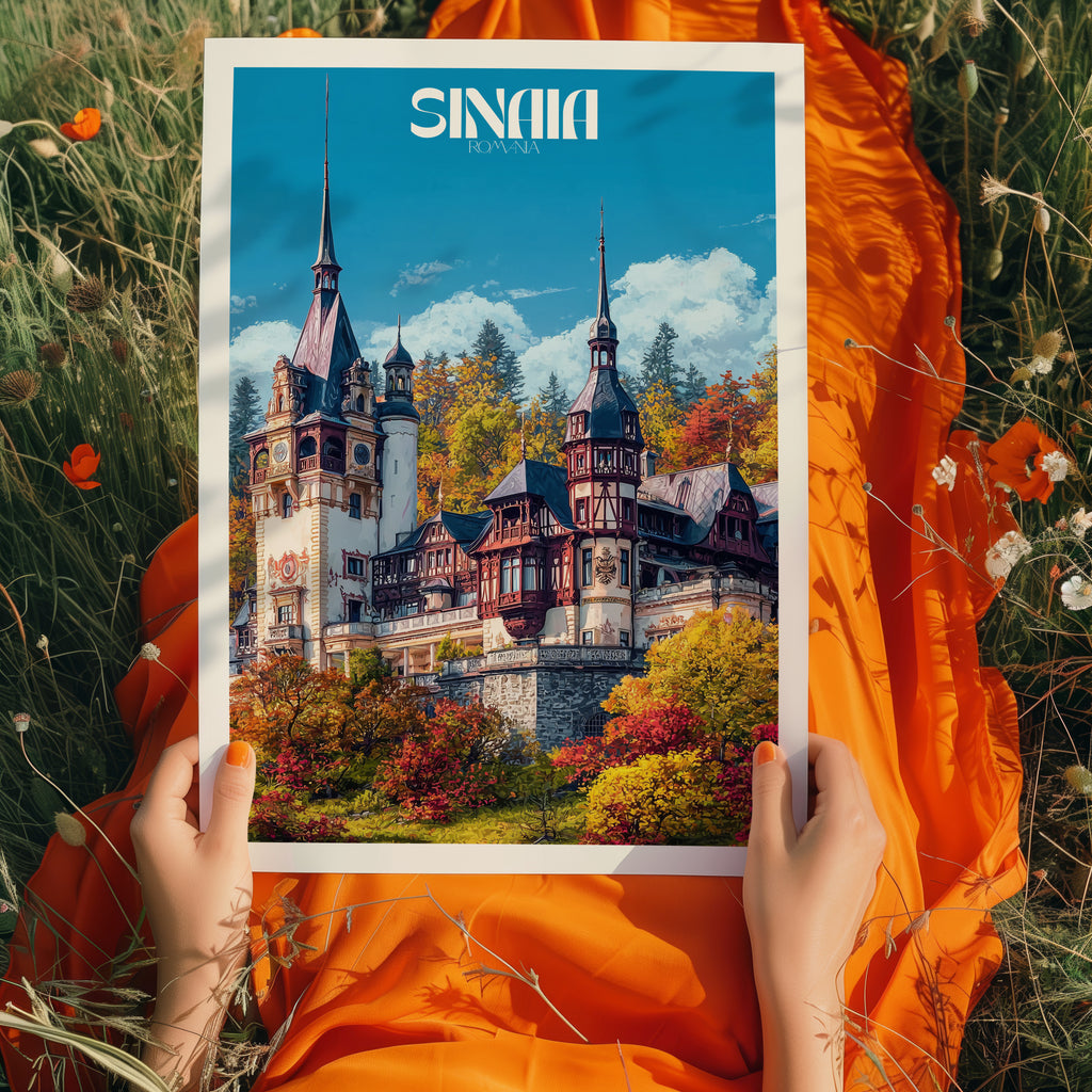 Romania Travel Poster – Peles Castle Sinaia Print, Historic Wall Art, European Landmark Decor