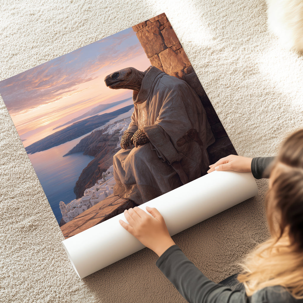 Meditative Turtle Poster – Greek Island Animal Print, Santorini Wall Art, Peaceful Fantasy Illustration