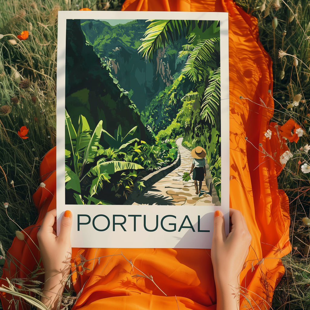 Madeira travel poster art featuring a lush green landscape and a pathway in Portugal.