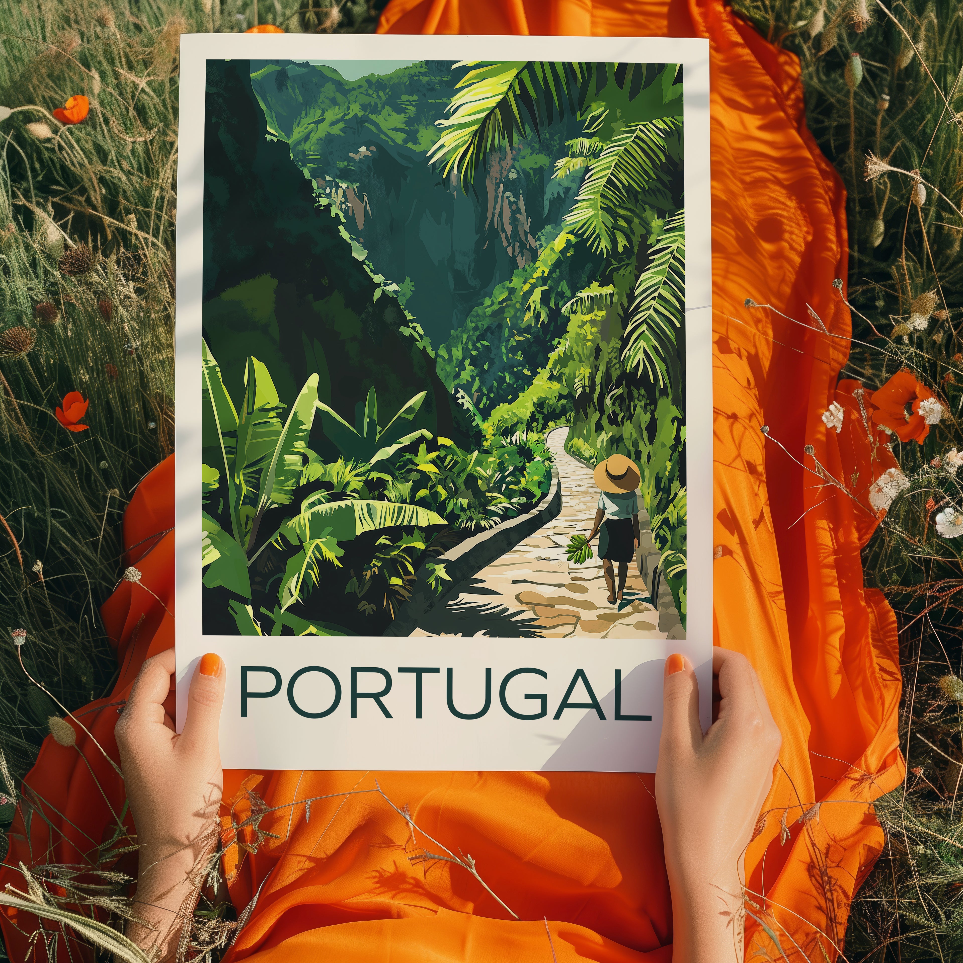 Madeira travel poster art featuring a lush green landscape and a pathway in Portugal.