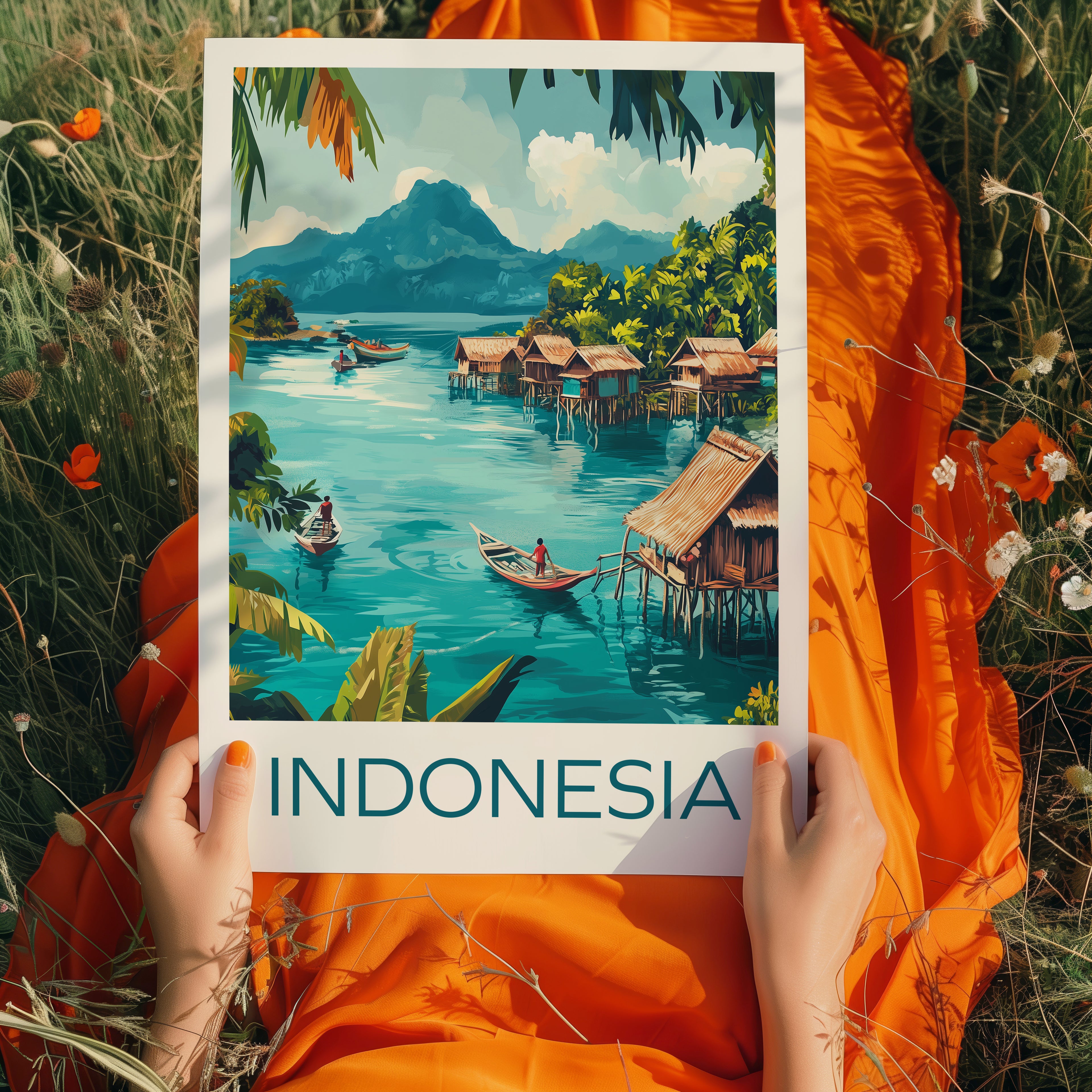 Indonesia Travel Poster: Raja Ampat Tropical Village Illustration Art