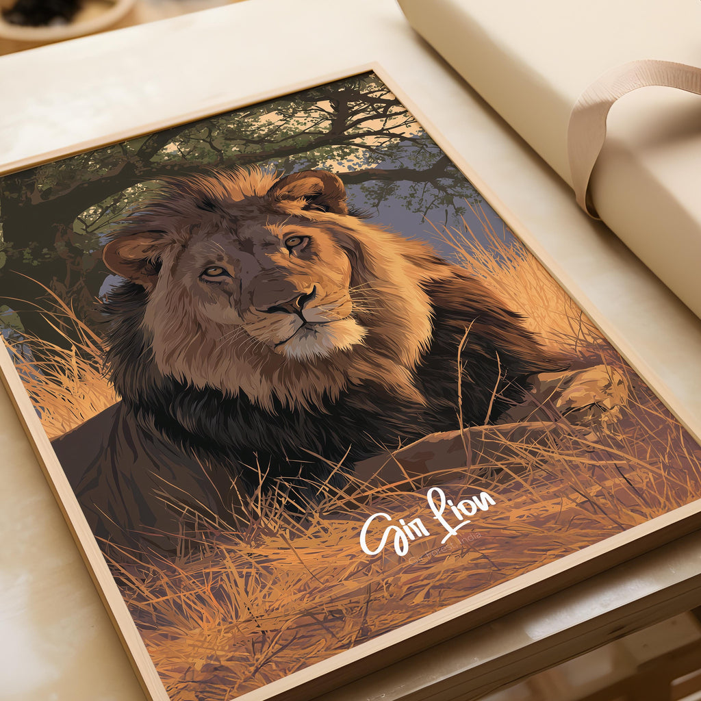 Asiatic Lion Art Print: Gir Forest Wildlife Poster
