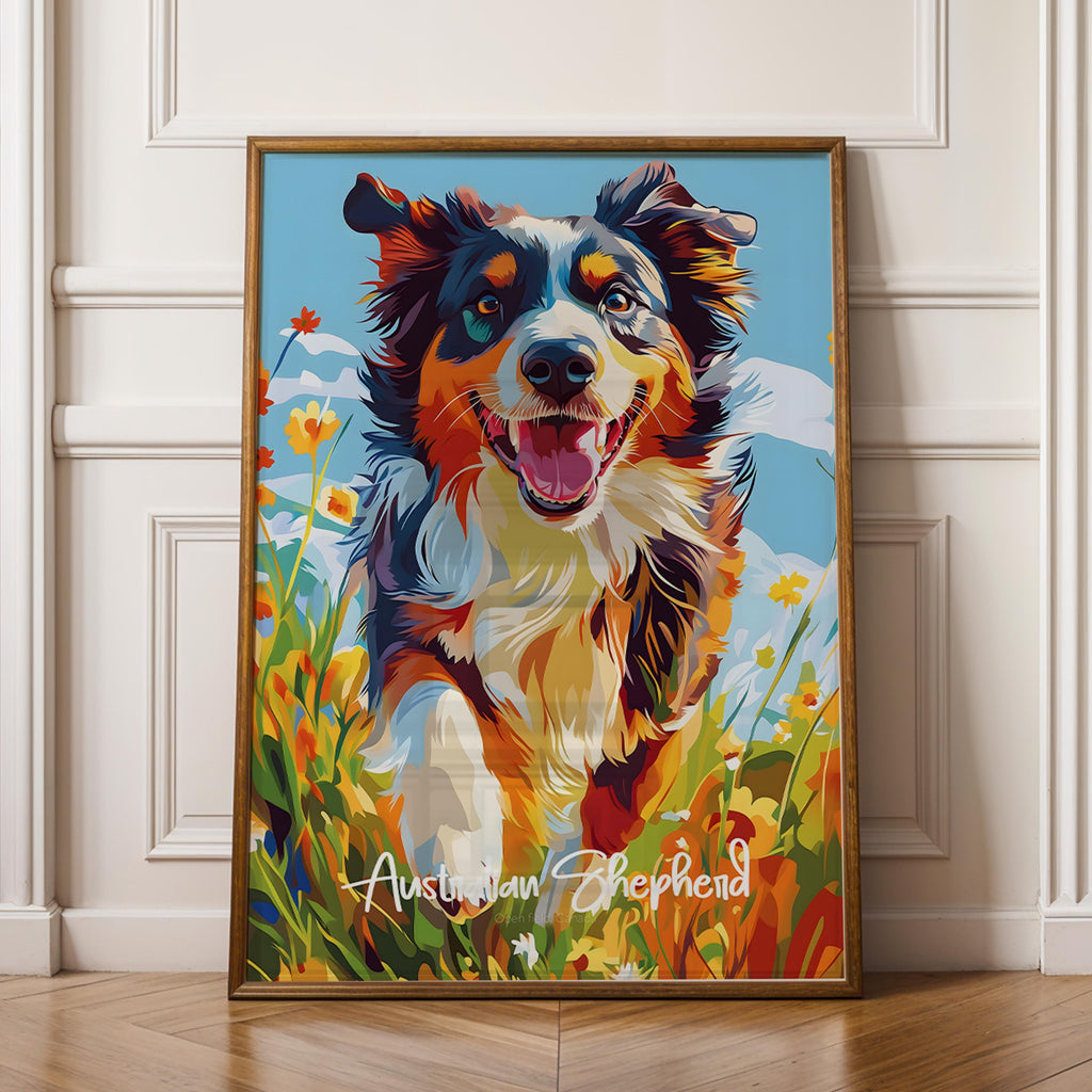 Australian Shepherd Wall Art – Colourful Herding Dog Illustration, Nature Decor, Gift for Pet Lovers
