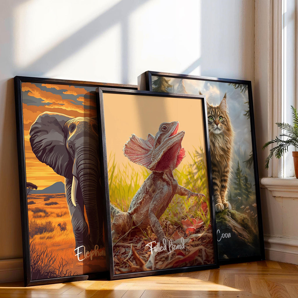 Frilled Lizard Framed Poster: Reptile Jungle Nursery Wall Art