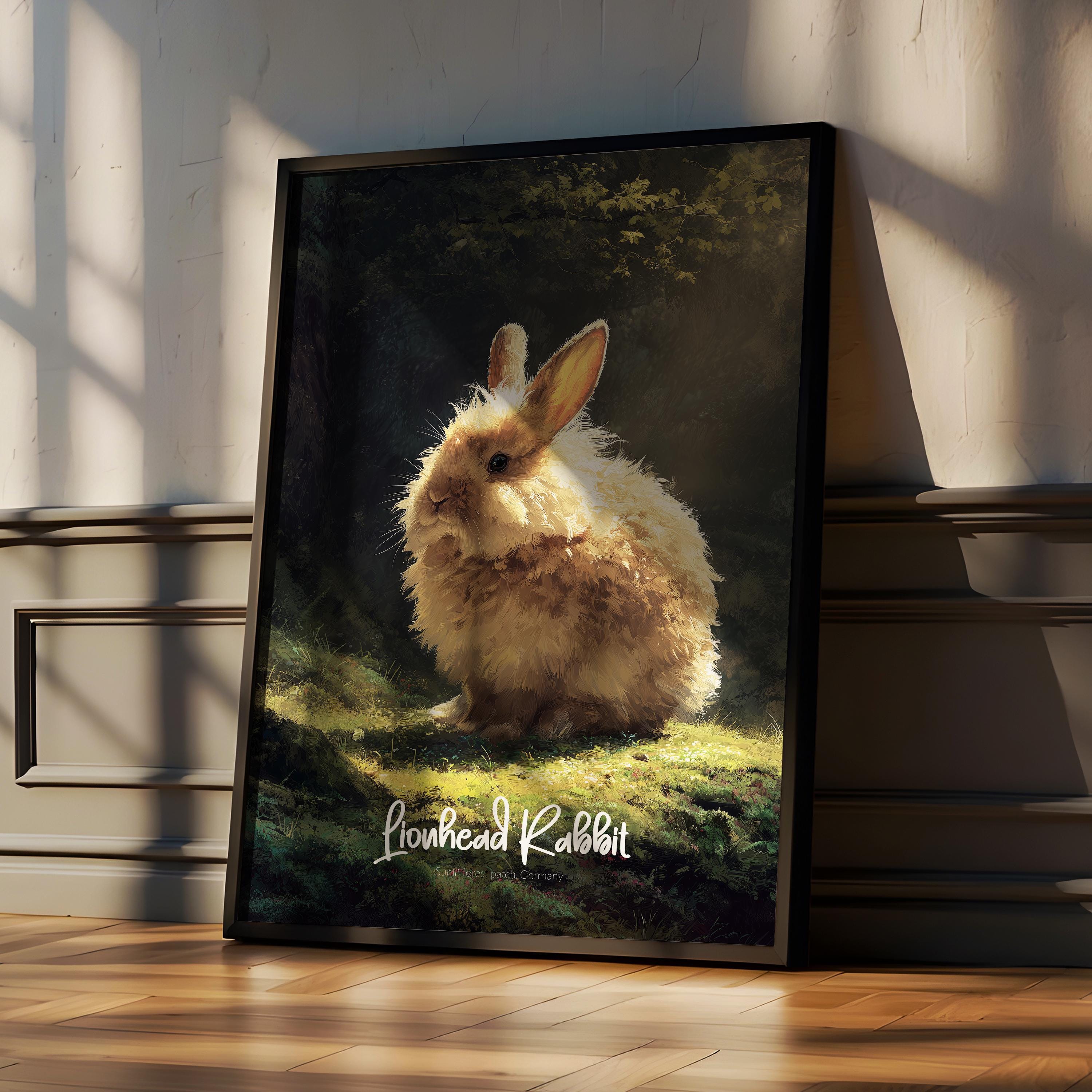 Lionhead Rabbit Wall Art Print – Cute Bunny Poster for Nursery, Kids Room or Office – Fluffy Rabbit Decor Gift