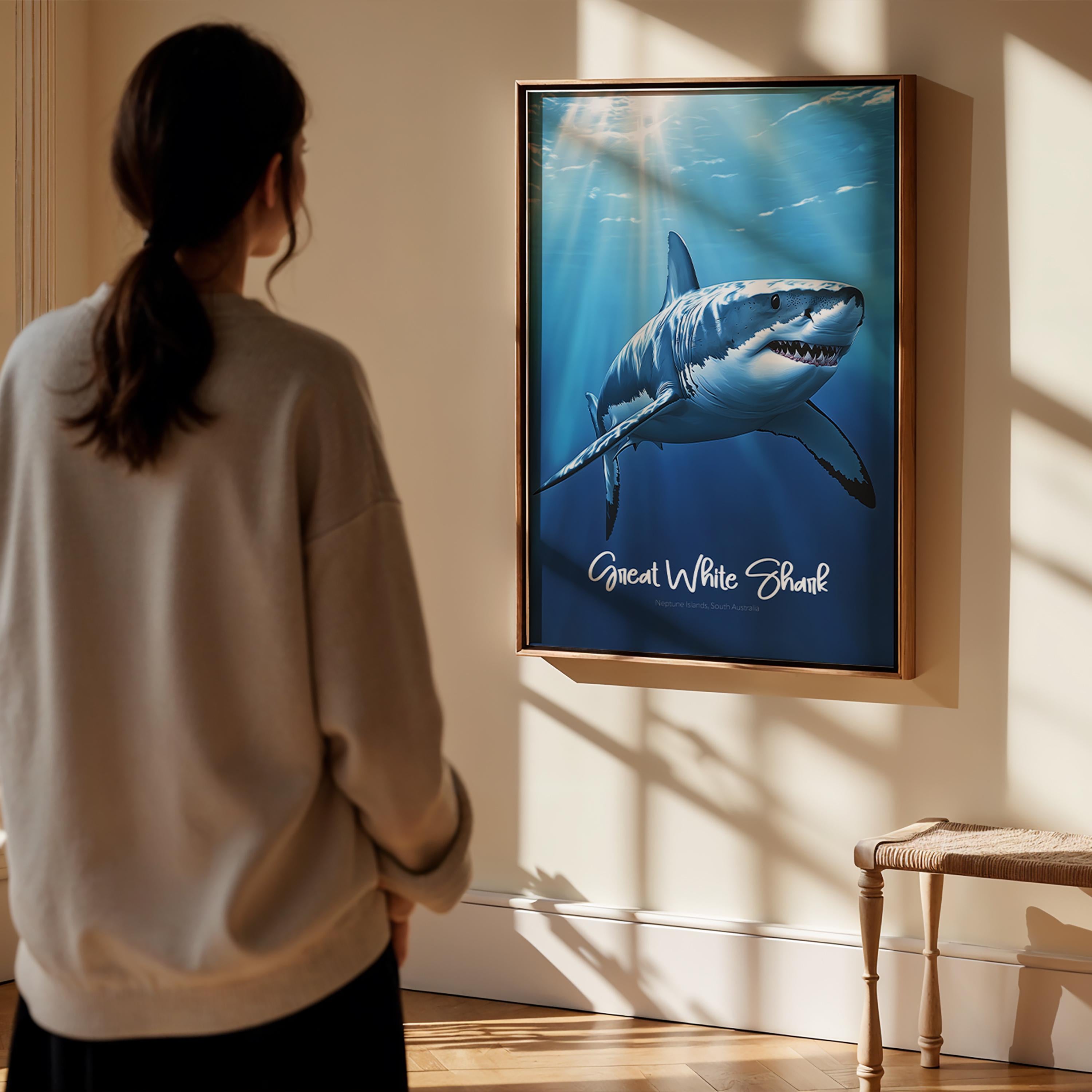 Great White Shark Framed Poster, Ocean Wall Art, Marine Life Print, Nautical Decor, Shark Lover Gift, Beach House Decoration