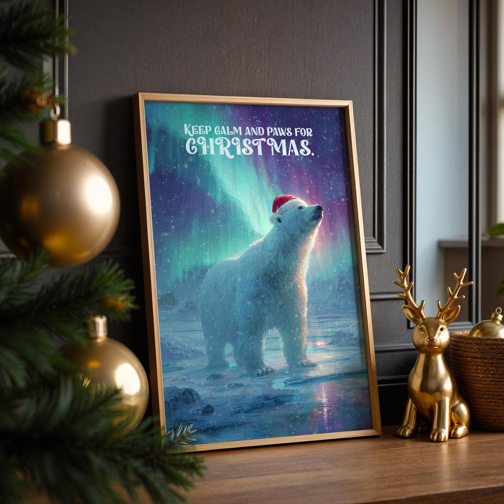 Paws for Christmas Polar Bear Poster – Funny Winter Wall Art with Northern Lights