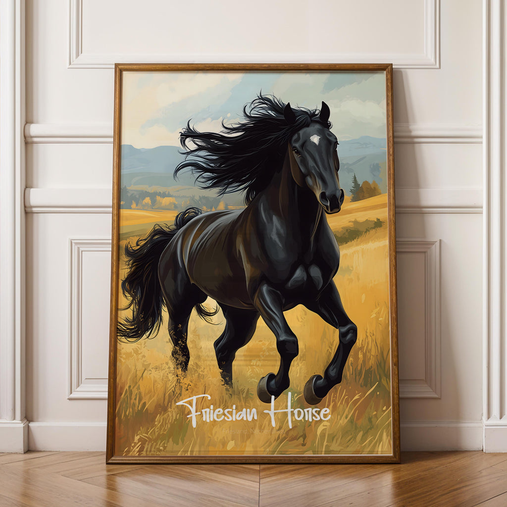 Friesian Horse Print: Elegant Black Stallion Illustration, Netherlands Decor