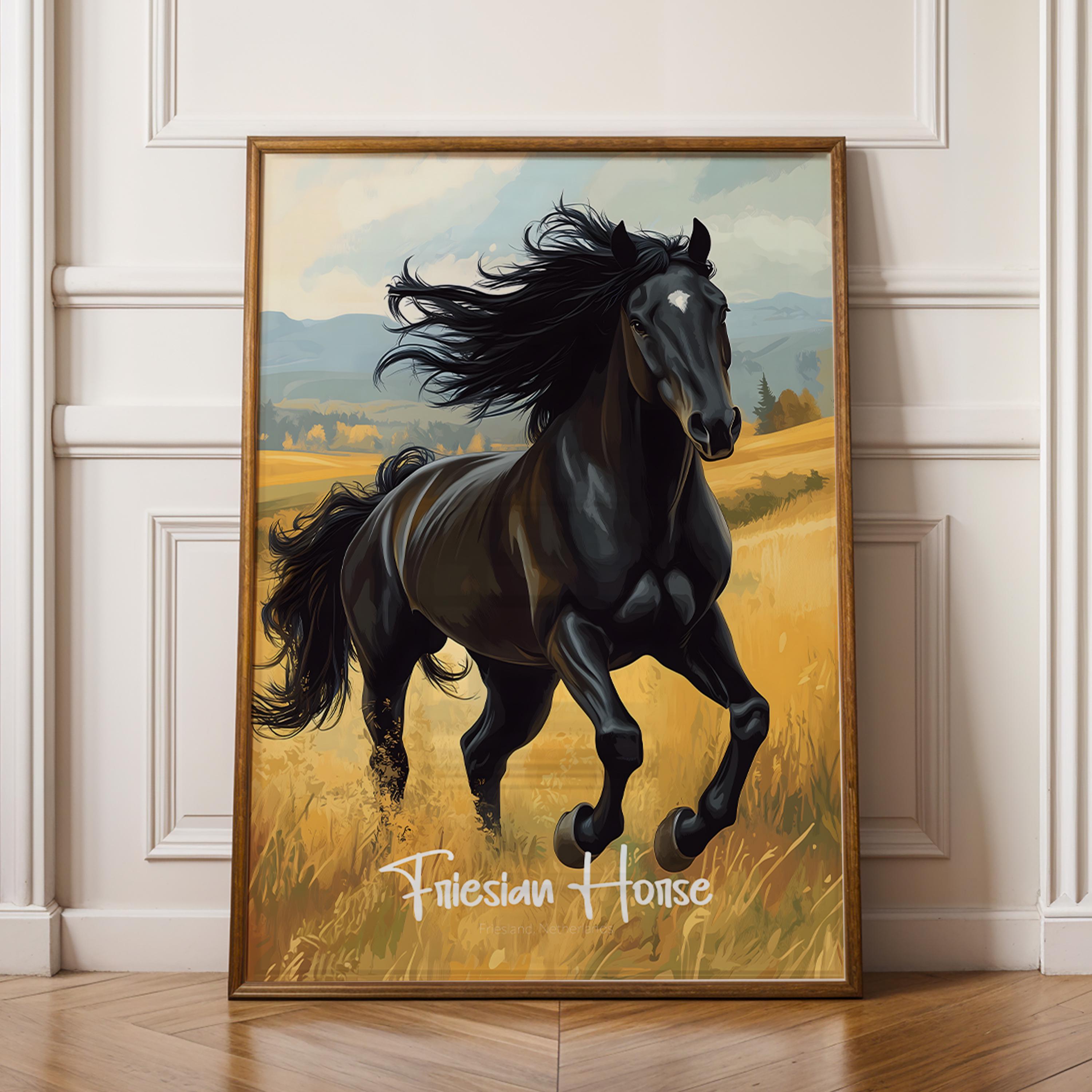 Friesian Horse Print: Elegant Black Stallion Illustration, Netherlands Decor